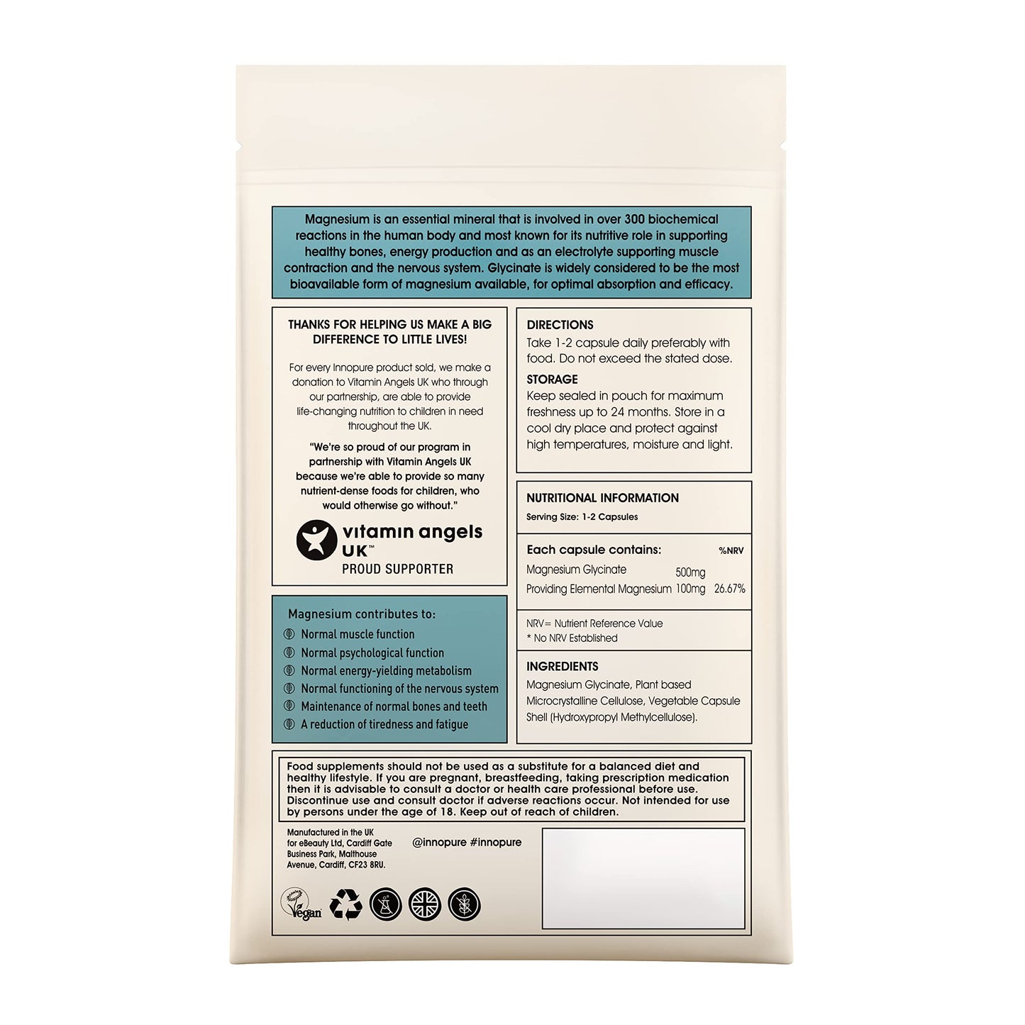 INNOPURE Magnesium Bisglycinate - 180 Capsules - Bioavailable Magnesium Supplements - 1000mg Per Serving (2 Capsules) Providing 200mg of Elemental Glycinate Powder - Made in The UK