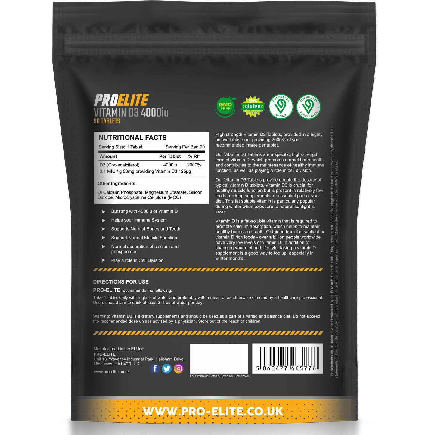PROELITE Vitamin D3 4000 iu - Vitamin D Tablets - 90 Tablets - Vegan - Vitamin D Supplements - Immune System Booster - Made in The UK - Gluten Free