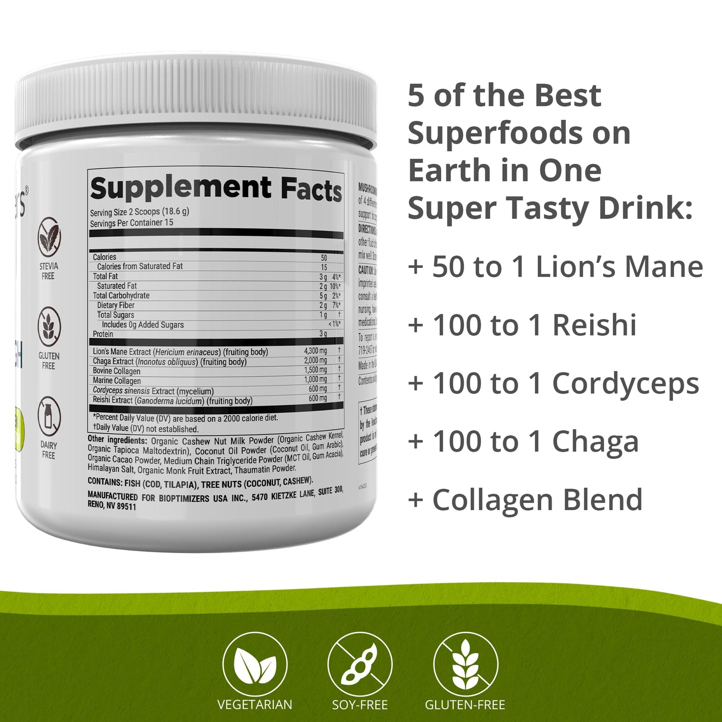 BiOptimizers Chocolicious Mushroom Breakthrough | Nootropic Supplement Blended Powder of Mushroom, Collagen & Superfoods: Lion’s Mane, Chaga, Reishi | 30 Servings