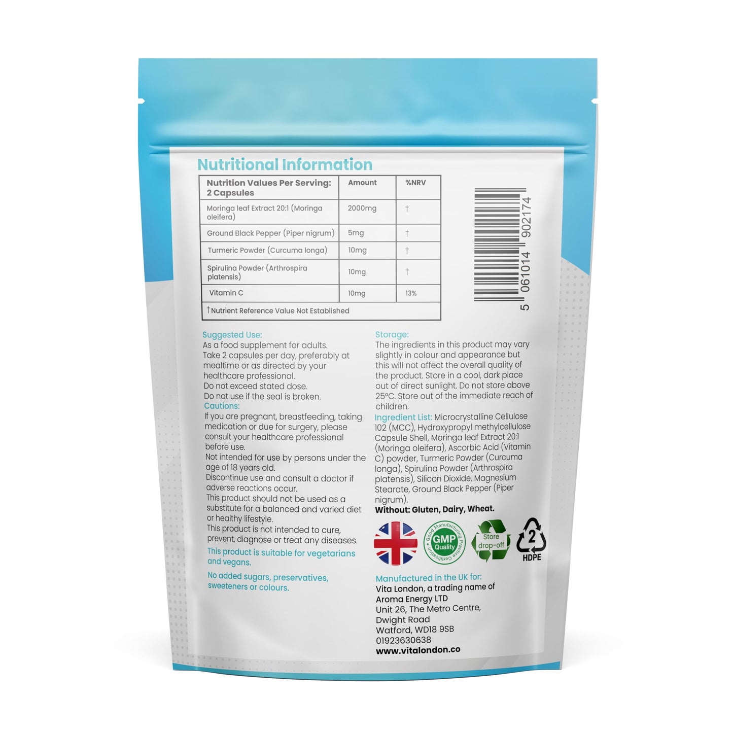 VL Vita London Moringa Leaf Capsules 2000mg | Added Vitamin C + Turmeric + Spirulina + Black Pepper | High Strength Supplements for Men & Women | 60 Vegan Capsules (Not Powder, Tablets of Gummies)
