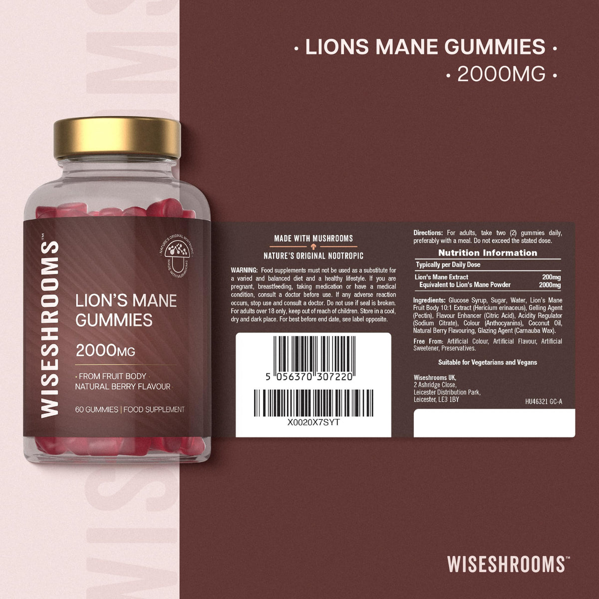 Lions Mane Gummies 60,000mg Per Bottle | High Strength Supplement from Fruit Body | Vegan Mushroom Extract | 1000mg x 60 Natural Berry Flavour Gummies | by Wiseshrooms