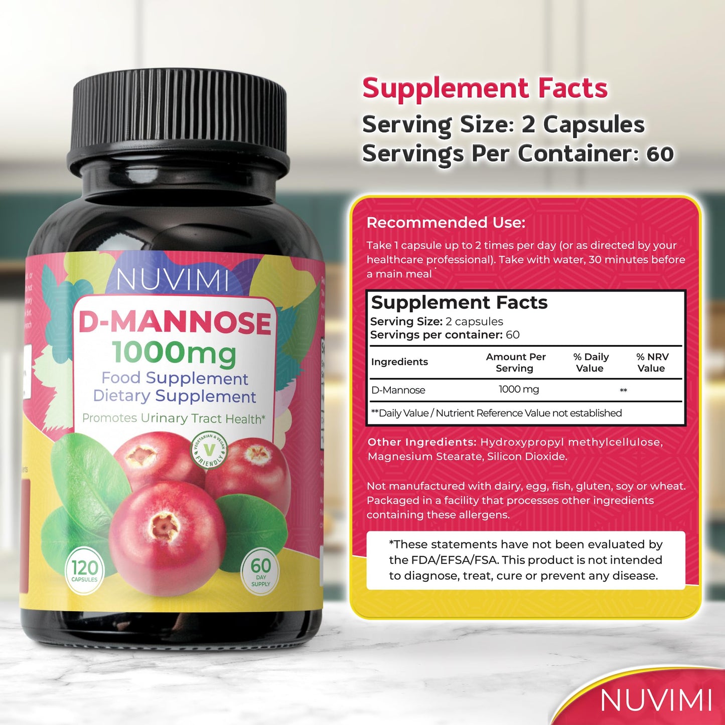 D Mannose 120 Capsules, 1000 mg per Dose, Promotes Urinary Tract Health, Natural Vegan UTI Defence by NUVIMI®