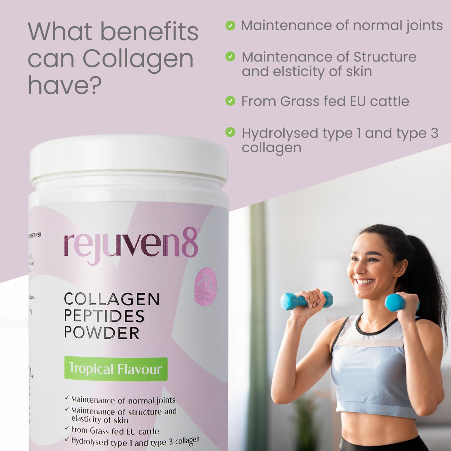Rejuven8 Collagen Peptides Powder - 400g Tropical Flavour - 26g of Collagen and 24g of Protein Per Serving - Grass Fed Bovine Collagen Powder for Women & Men - Protein Collagen Powder