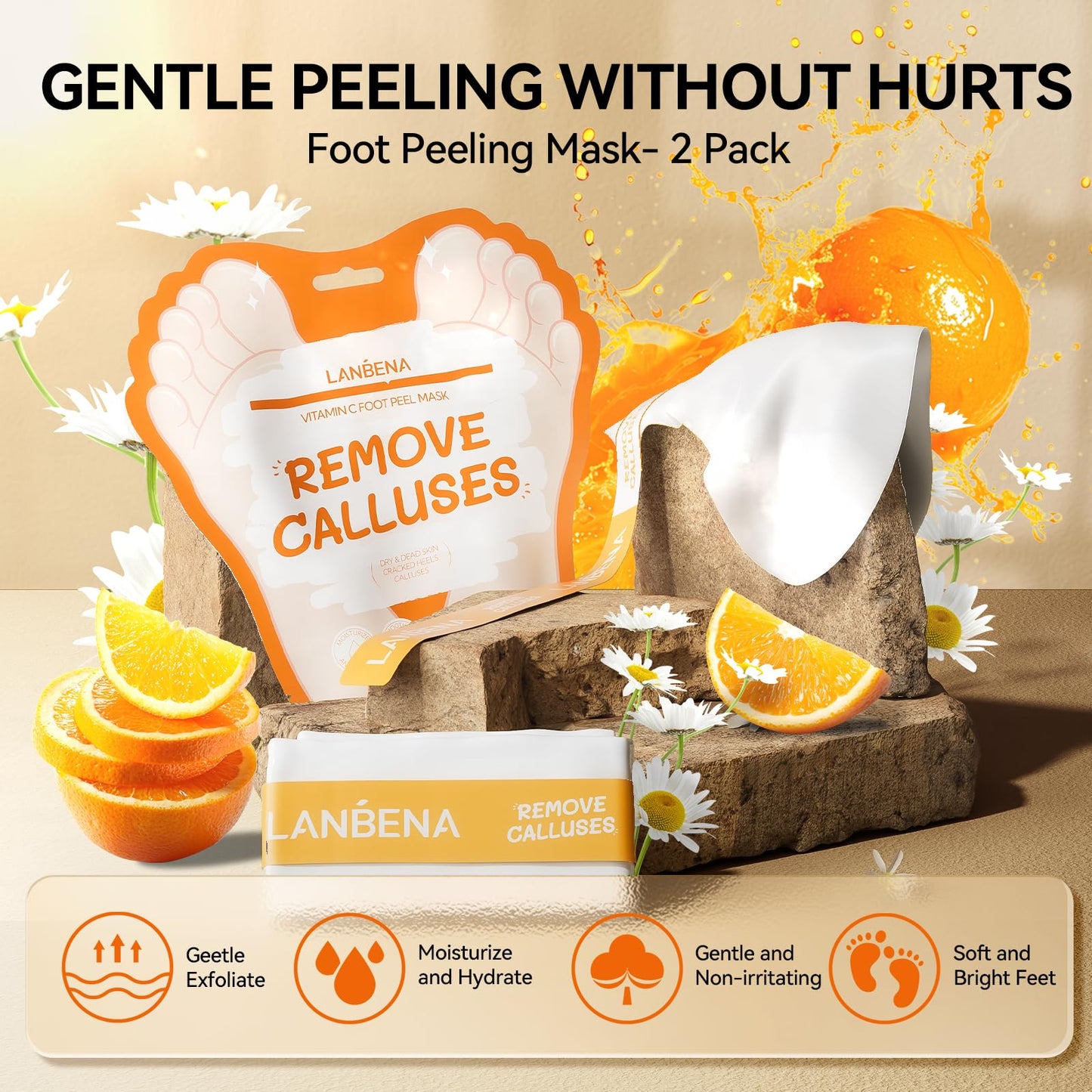 LANBENA Vitamin C Foot Peeling Mask, Foot Mask for Dry Cracked Feet, Exfoliator Peel Off Calluses Dead Skin Callus Remover, Repair Rough Heels & Get a Baby Soft Feet for Men and Women(2 Pairs)