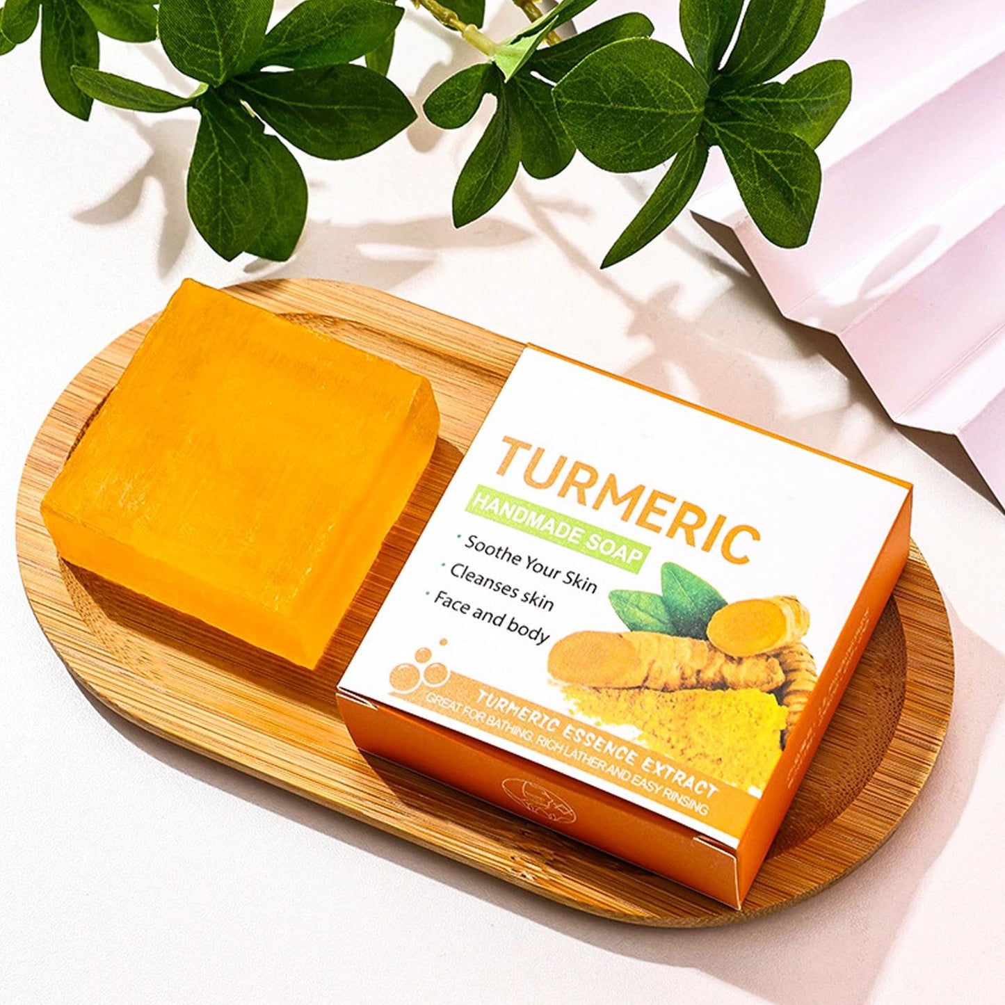 2PCS Wormeer Turmeric Soap Bar, Tumeric Soap for Face & Body,Turmeric Cleansing Bar, Rich in Narious Nutrients, It Is Equipped with a Foam Net to Improve Fine Lines