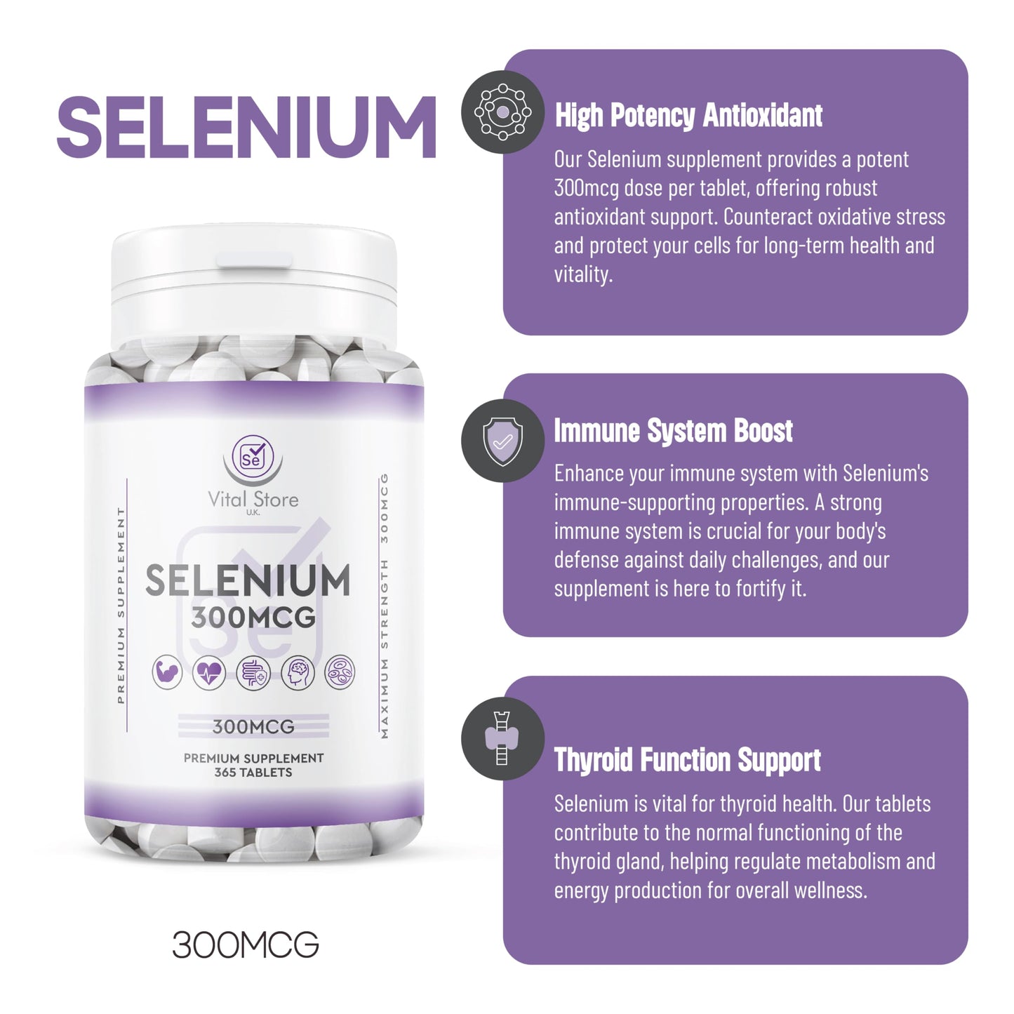Selenium 300MCG - 1 Year Supply 365 Tablets - Antioxidant, Immune Support Vegan Selenium Supplement