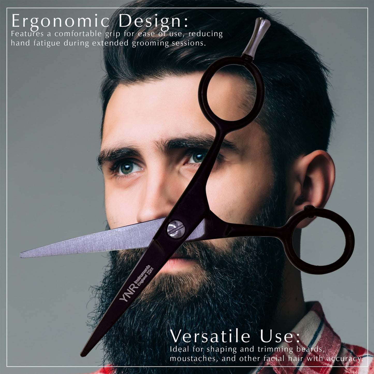 YNR Instruments England | Beard Moustache Scissors | Professional German Steel Mustache Trimming | Hand Forged Precision Edge Men Facial Hair Grooming Kit All Body Hair (Black)