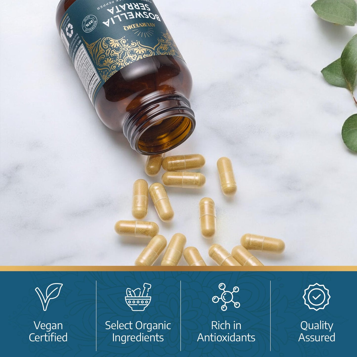 AYURVEDIQ WELLNESS Ayurvediq Boswellia Serrata and Turmeric with Black Pepper Piperine Capsules – 60 Vegan Organic Turmeric Curcumin Capsules a Natural Anti Inflammatory Supplement Joint Support - Ayurvedic Products