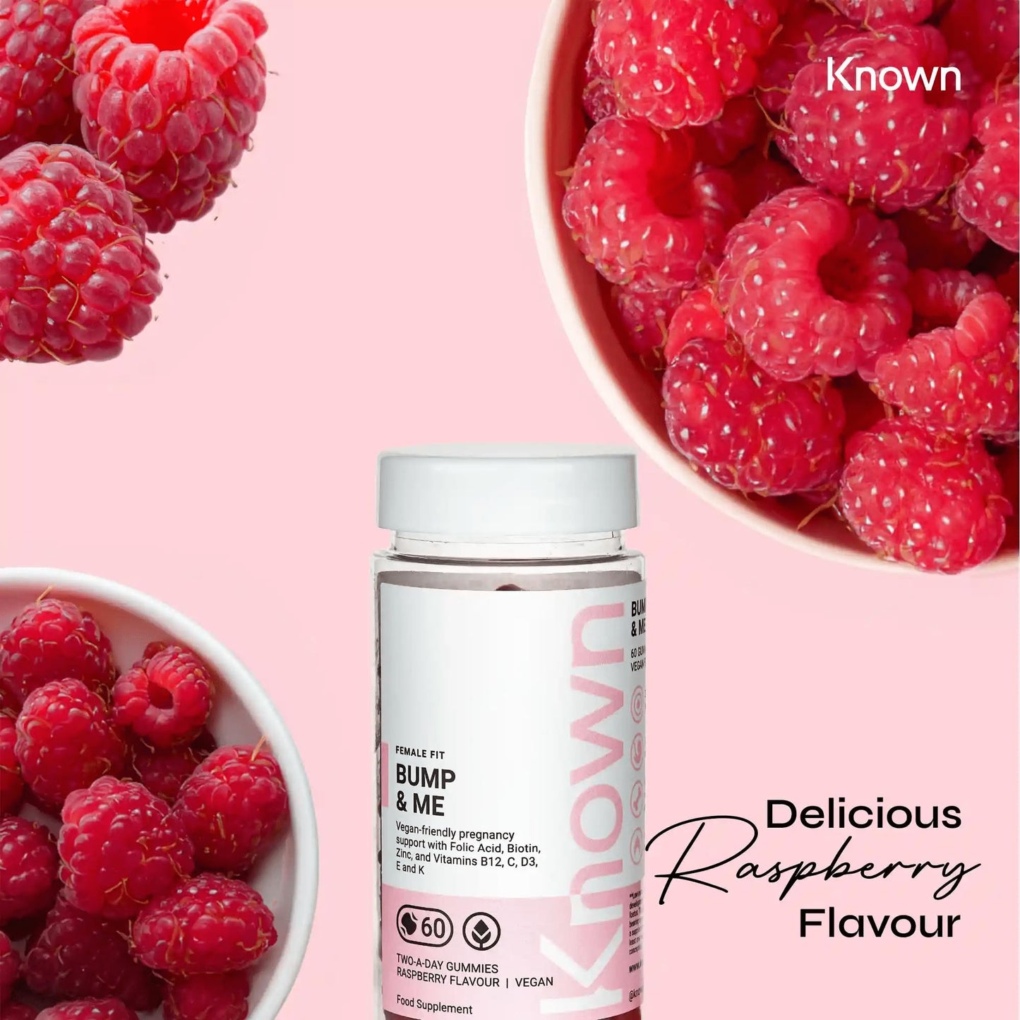 Vegan Bump and Me Folic Acid Pregnancy Vitamin Gummies for Women by Known Nutrition | 60 Two-a-Day Gummies (One Month’s Supply) | Prenatal & Postnatal Support | Raspberry Flavoured Gummies… (1)