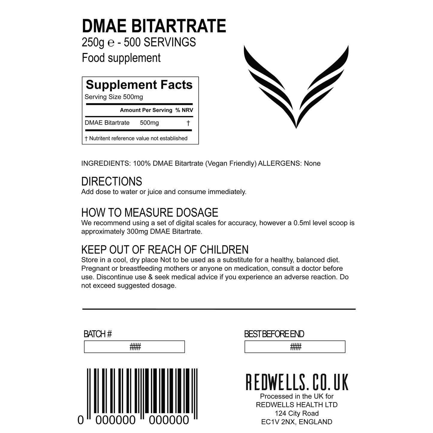 DMAE Bitartrate Powder REDWELLS Cognitive Enhancer GMO Free Vegan - 250g Pack