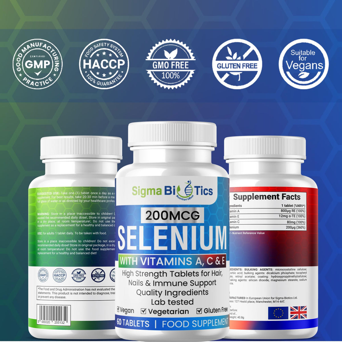 SigmaBiotics Selenium with Vitamins A, C & E - Promotes Healthy Hair, Skin & Nails - Supports the Immune System - Superior Absorption Formula - Vegan and Gluten Free - 60 Tablets for 2 Months Supply