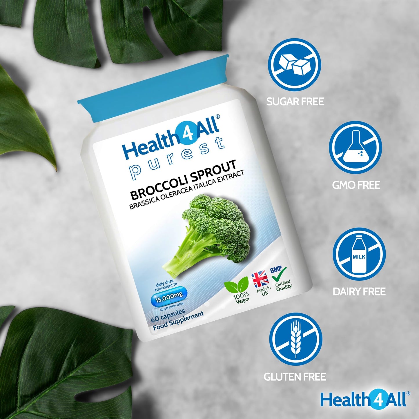 Health4All Broccoli Sprout Extract 15,000mg - 7500mcg Activated Sulphoraphane - 60 Vegan Broccoli Extract Capsules - High Strength Sulforaphane Supplement