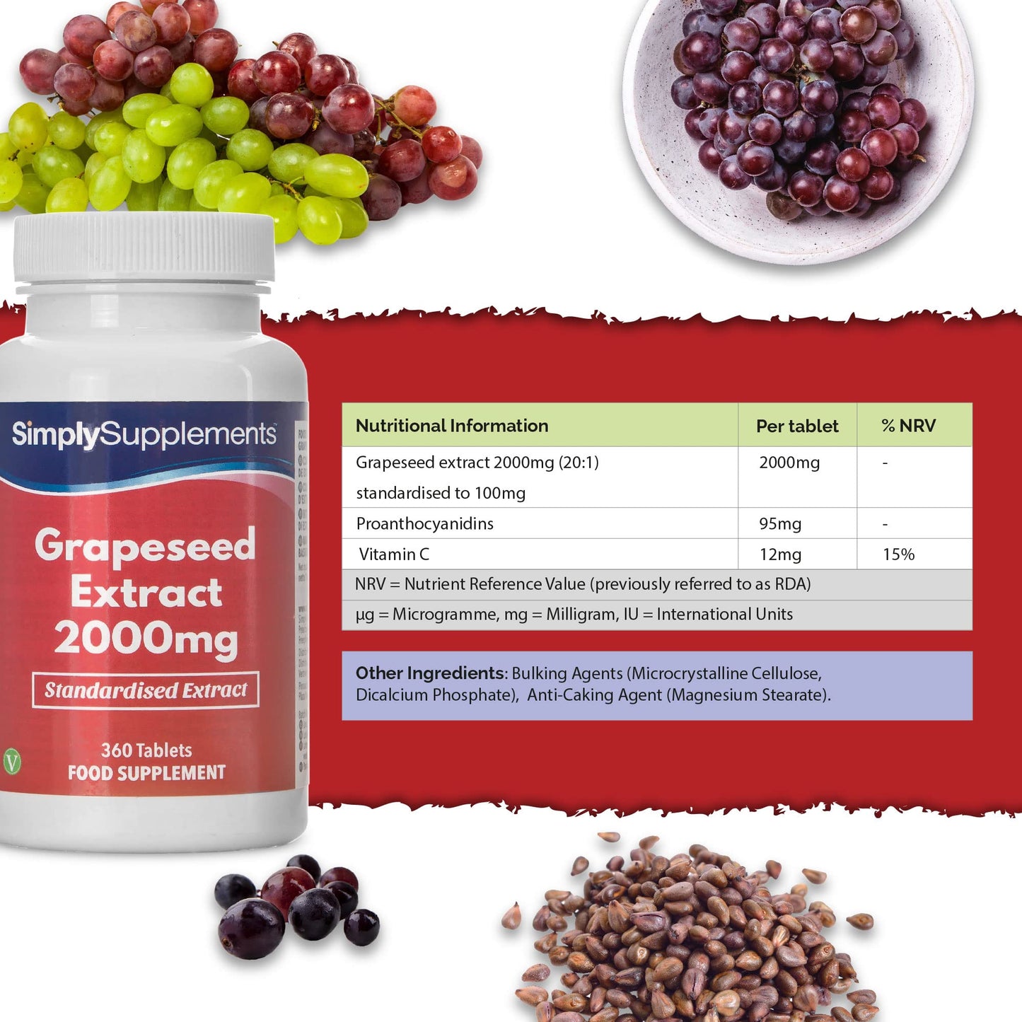 Simply Supplements Grapeseed Extract 2000mg | 360 High Strength Grapeseed Tablets with Added Vitamin C | Vegan & Vegetarian Friendly | Manufactured in The UK