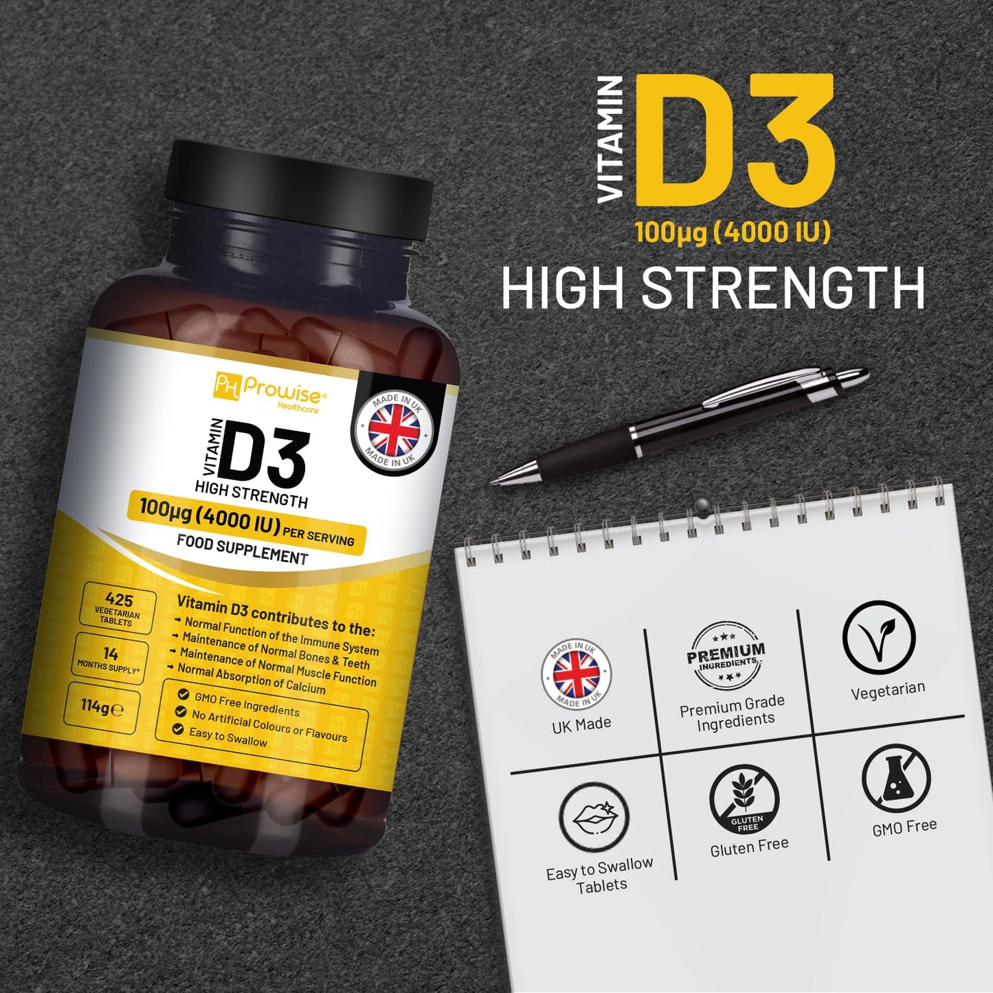 PH PROWISE Healthcare Vitamin D3 4000 IU High Strength I 425 Vegetarian Tablets (14 Months Supply) I Easy Swallow Vitamin D3 Supplement for Immune Support, Calcium Boost, Bone & Muscle I Vitamin D Made in the UK by Prowise