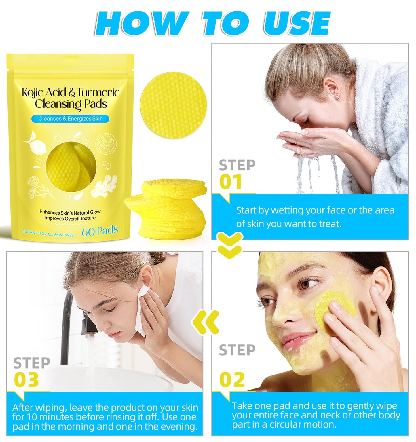 Generic Kojic Acid and Turmeric Pads,Turmeric kojic Acid Pads, Turmeric and Kojic Acid Cleansing Pads for Face, Turmeric Cleansing Pads for Dark spots, Exfoliating, Acne Scars (60 PCS)