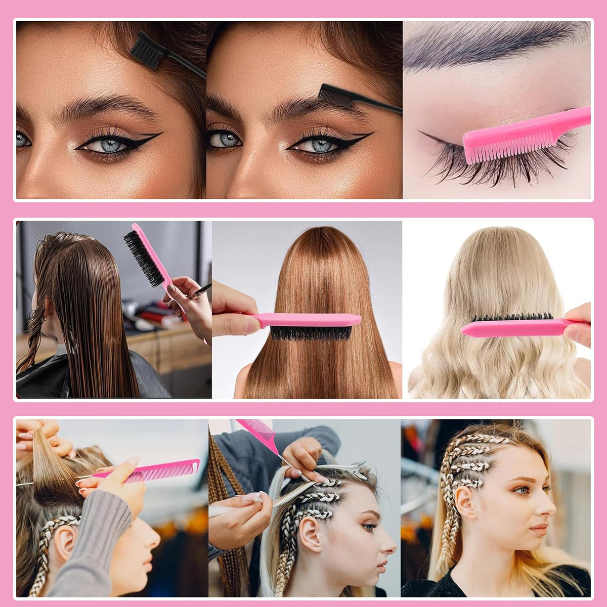 Pubiao Hair Brush Set 3 Piece, Boar Bristle Brush for Smoothing Frizz-Free, Edge Control Brush for Flyaways, Rat Tail Comb for Sectioning Teasing – Salon Styling Kit