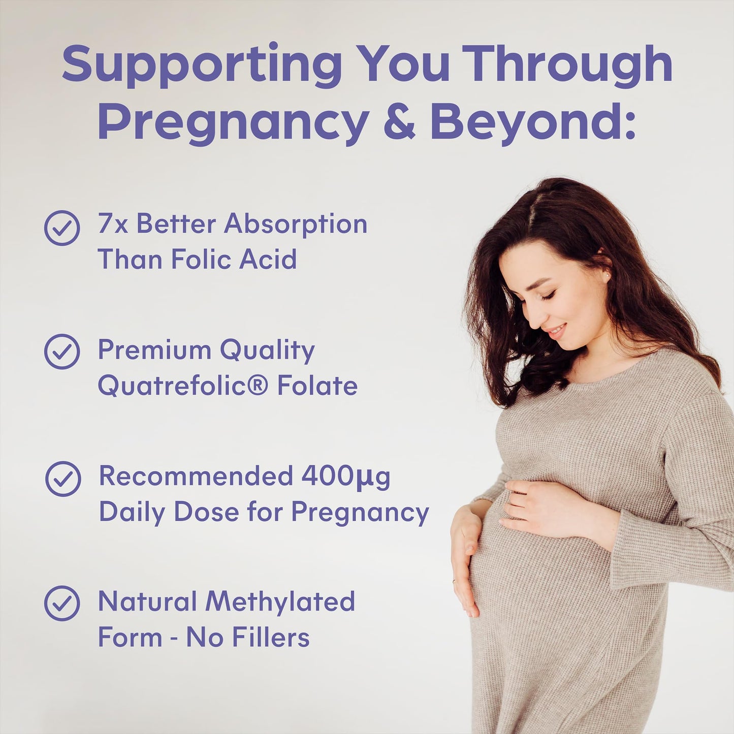 Purolabs Quatrefolic® Folate Supplement - Active 5-MTHF Methylated Folate 400μg with Glucosamine 320μg - High Strength Bioavailable B9 - Pregnancy Support - Vegan - 60 Capsules