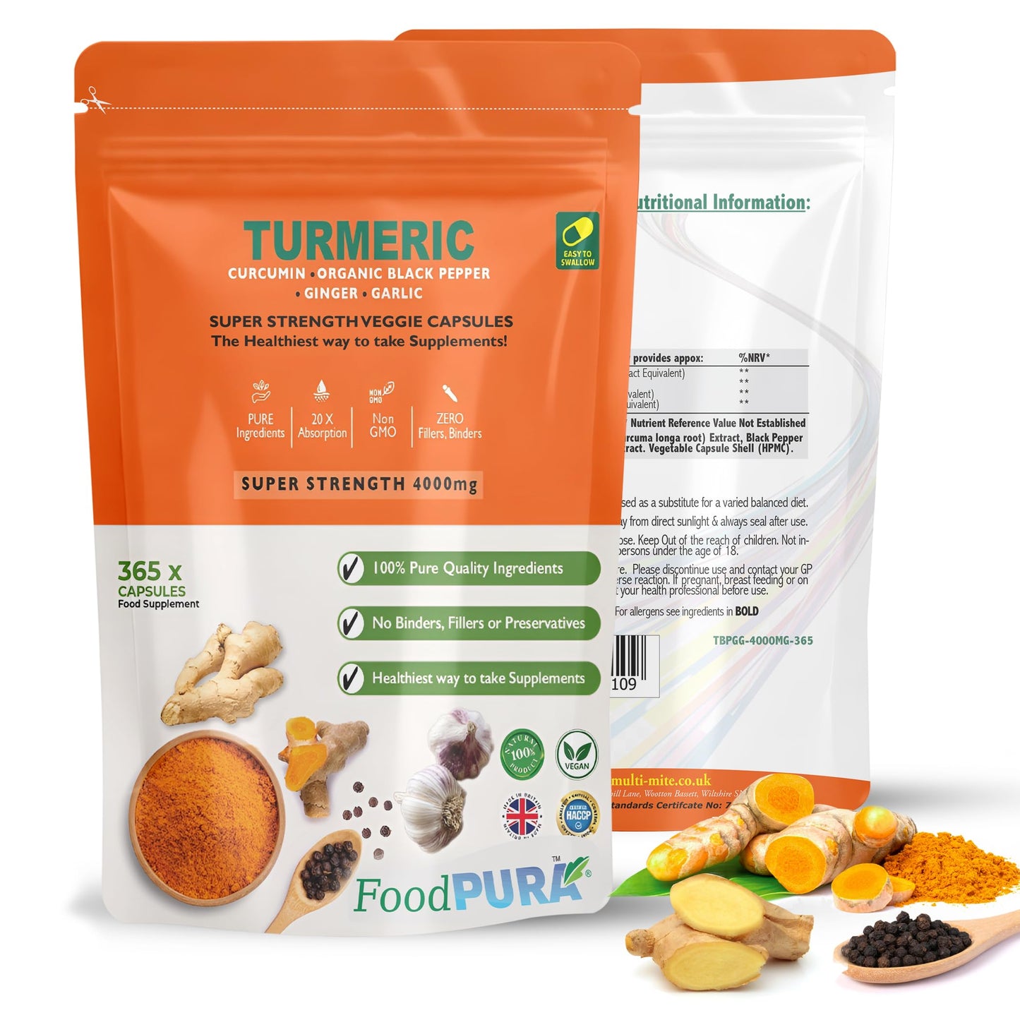 FoodPURA 365 x 4000mg Turmeric (Curcumin), Ginger, Garlic & Organic Black Pepper Capsules HACCP Certified, Manufactured in The UK by FoodPURA (365)