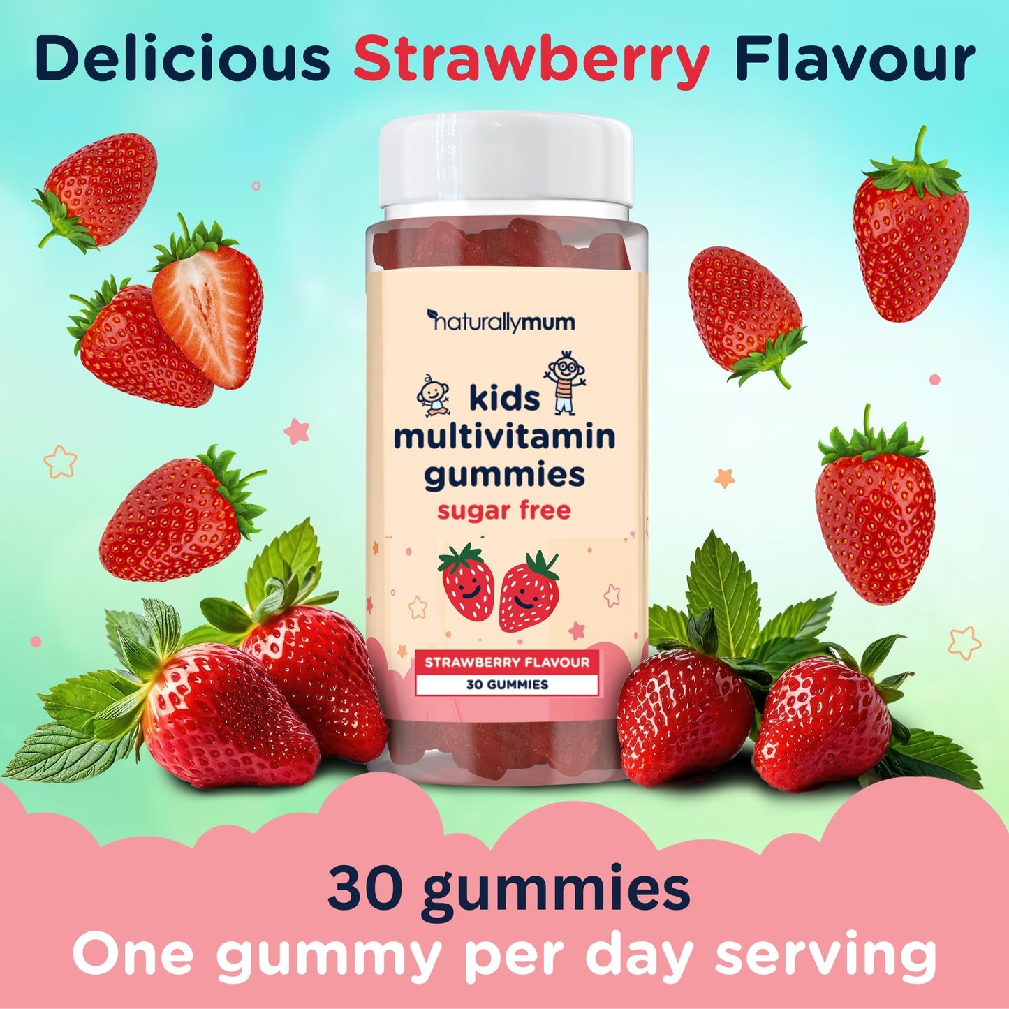 NaturallyMum Kids Multivitamin Gummies | for Children | Vegan Friendly | 30 Chewable Gummies | with Vitamins A, D, E, B6, B12, C | Sugar Free | Strawberry Flavour | 30-Day Supply