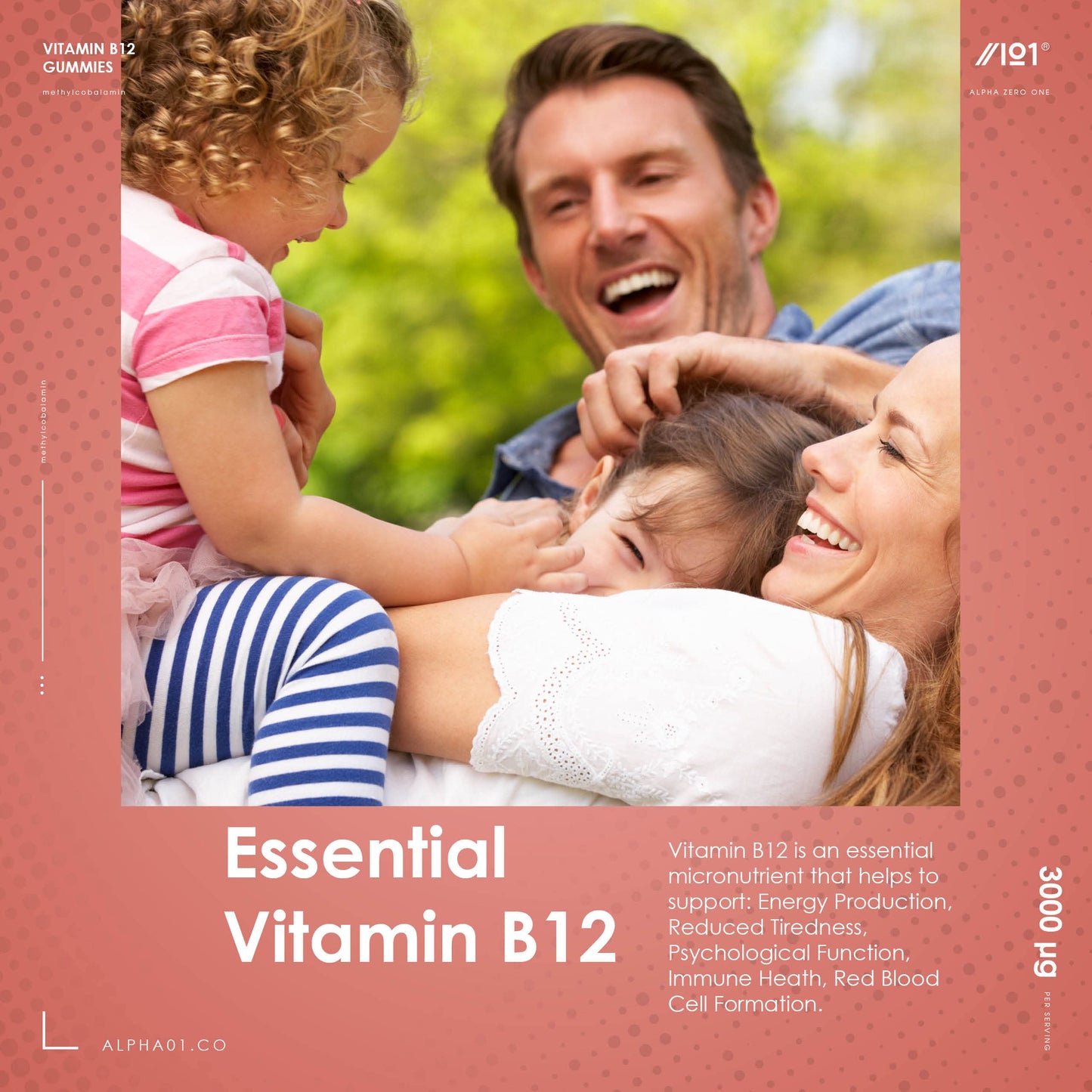 ALPHA01 Vitamin B12 Gummies 1,500mcg (per Gummy) - High Strength Methylcobalamin Supplement - Non-GMO, Gluten Free, Raspberry Flavour - 60 Vegan Gummies.