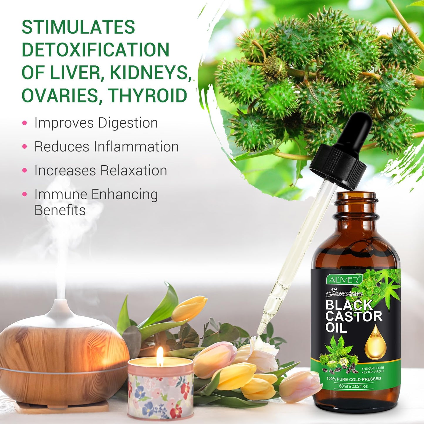 Jamaican Black Castor Oil,60ML Massage Oil for Aromatherapy, 100% Pure Natural Cold Pressed Organic Castor Oil, Stimulate Growth for Hair, Eyelashes, Eyebrows, Skin Moisturizer & Hair Oil and Body Oil