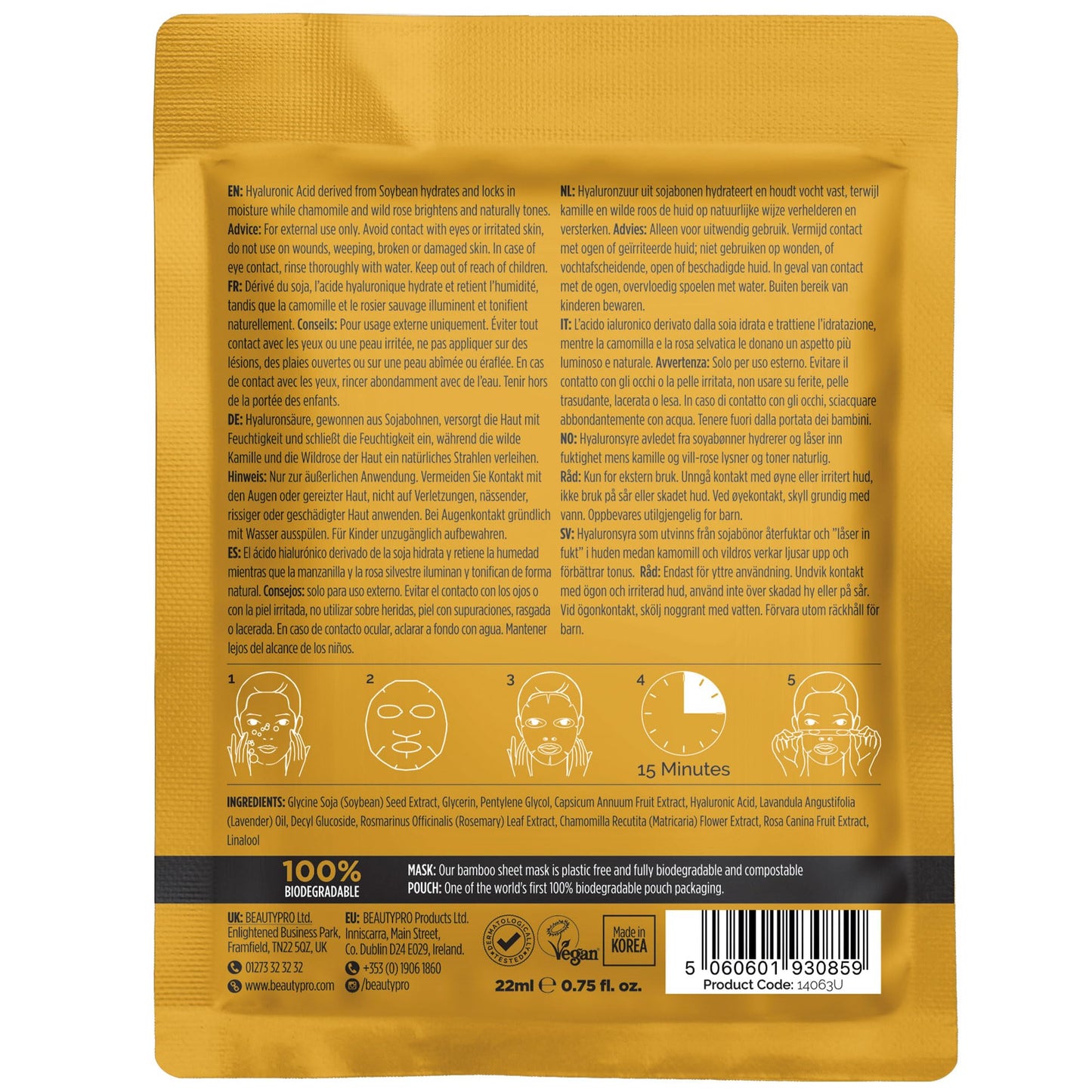 BEAUTYPRO HYALURONIC ACID Hydrating Facial Sheet Mask - 100% Biodegradable | Hydrating Beauty Face Mask | Infused with Hyaluronic Acid | Korean Skin Care | Multi-Award Winnin