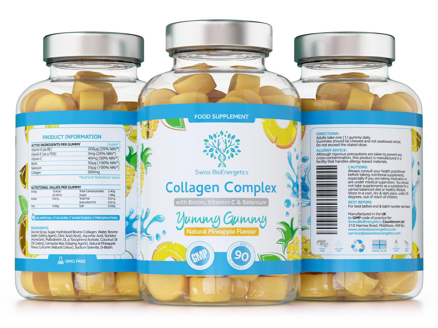 swiss bioenergetics Collagen Complex - 90 Natural Pineapple Flavour Chewable Yummy Gummies - One a Day 500mg Hydrolysed Collagen, Biotin, Vitamin C and Selenium – Healthy Skin and Hair for Men and Women – UK Made