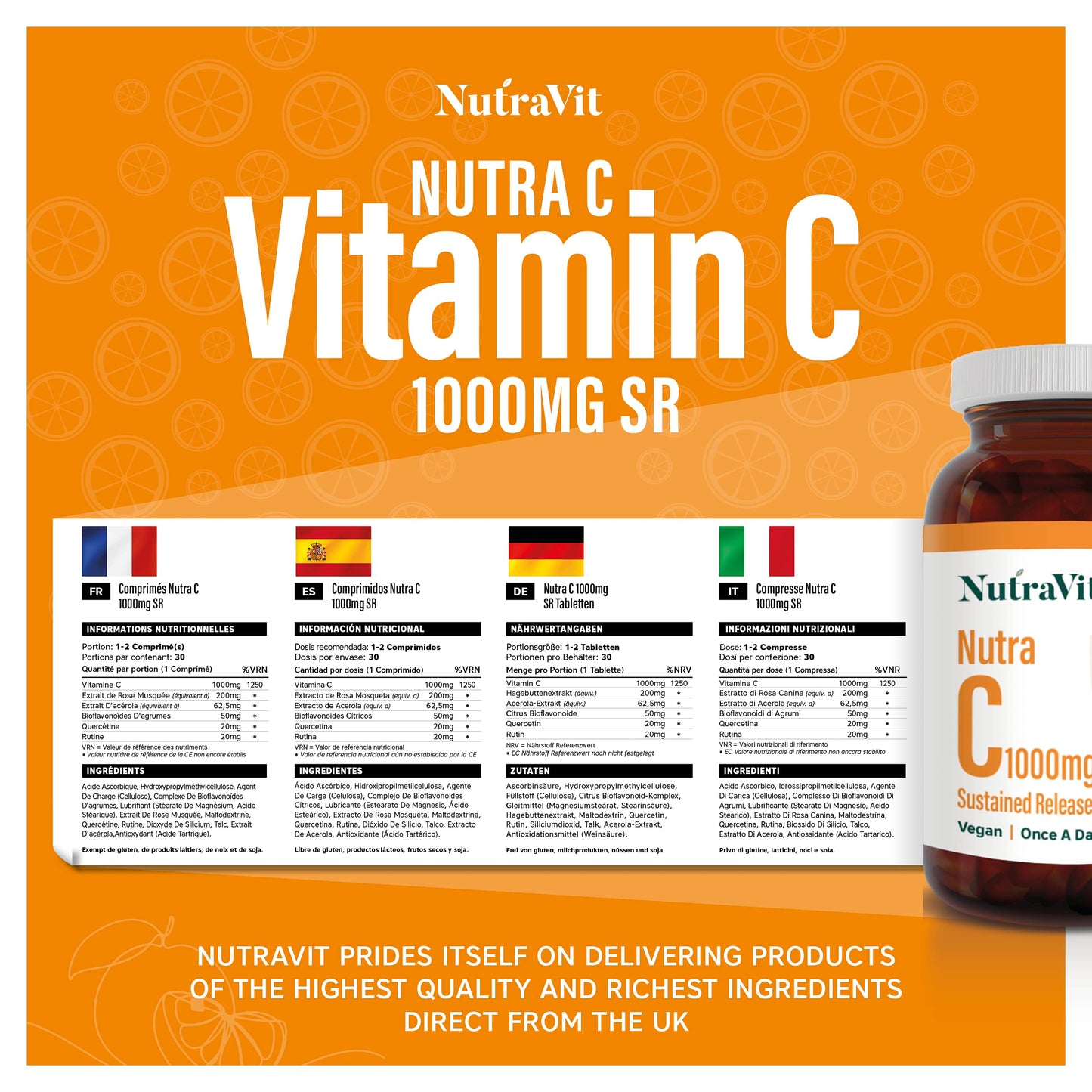 NUTRA C - Vitamin C 1000mg - 30 Tablets - Sustained Release Vegan Tablets - Gluten Free | Orange Flavoured - with Rosehip, Hesperidin & Acerola - Manufactured in a UK MHRA GMP Facility - NUTRAVIT