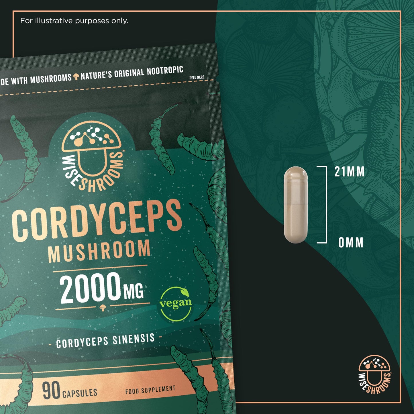 Cordyceps Capsules 2000mg | Cordyceps Mushroom Extract Supplement | 90 Capsules | Suitable for Vegetarians and Vegans | by Wiseshrooms