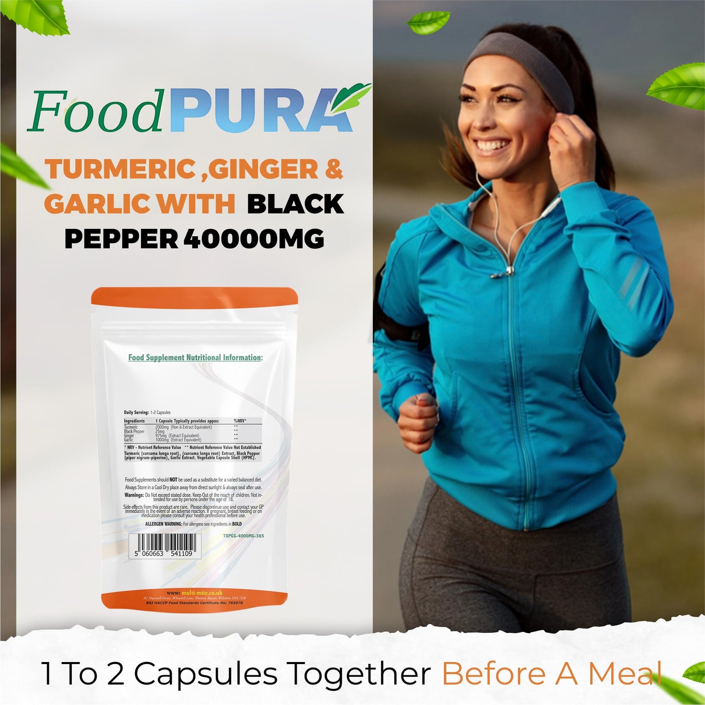 FoodPURA 365 x 4000mg Turmeric (Curcumin), Ginger, Garlic & Organic Black Pepper Capsules HACCP Certified, Manufactured in The UK by FoodPURA (365)
