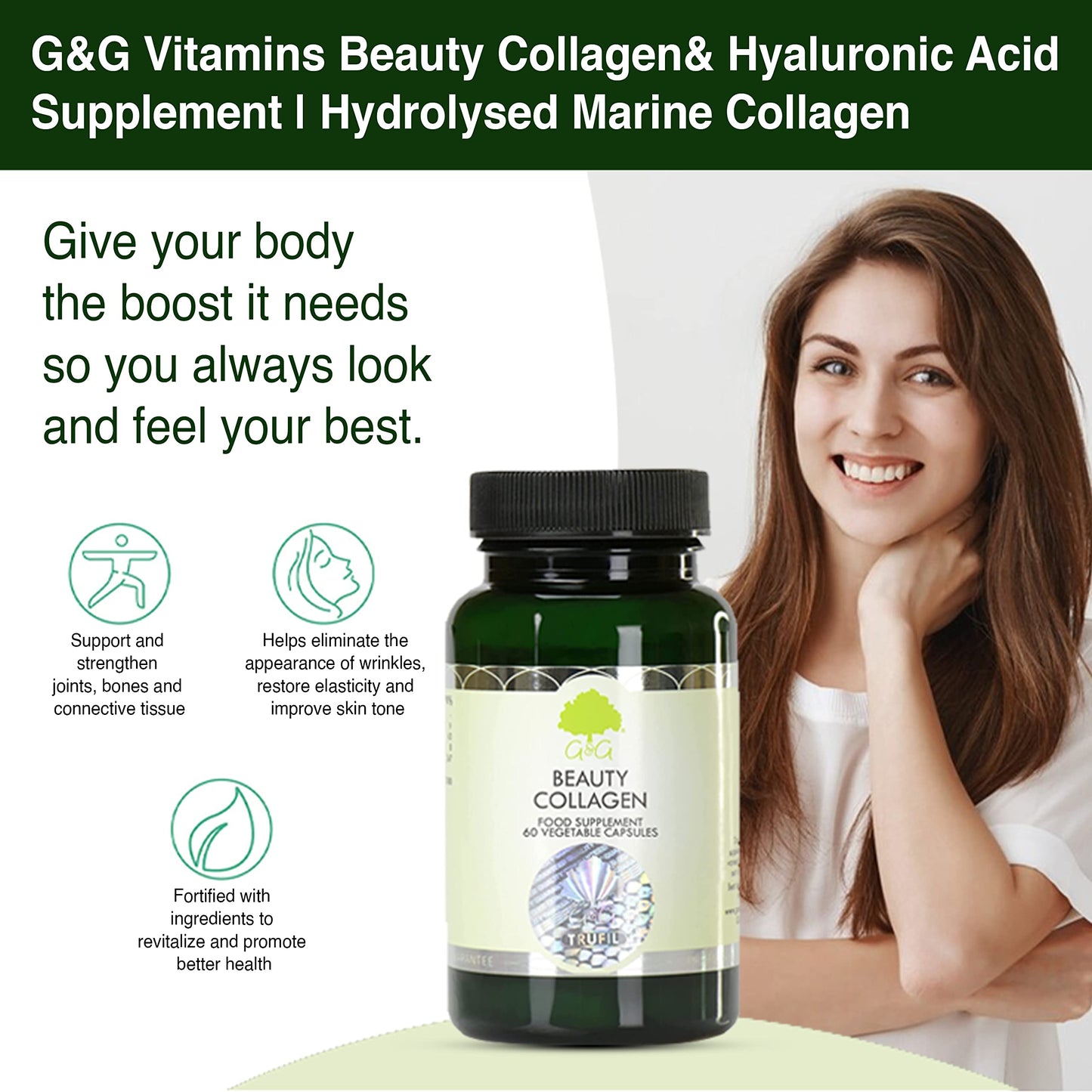 Beauty Collagen | Collagen & Hyaluronic Acid Supplement | 60 Capsules | Hydrolysed Marine Collagen | G&G Vitamins