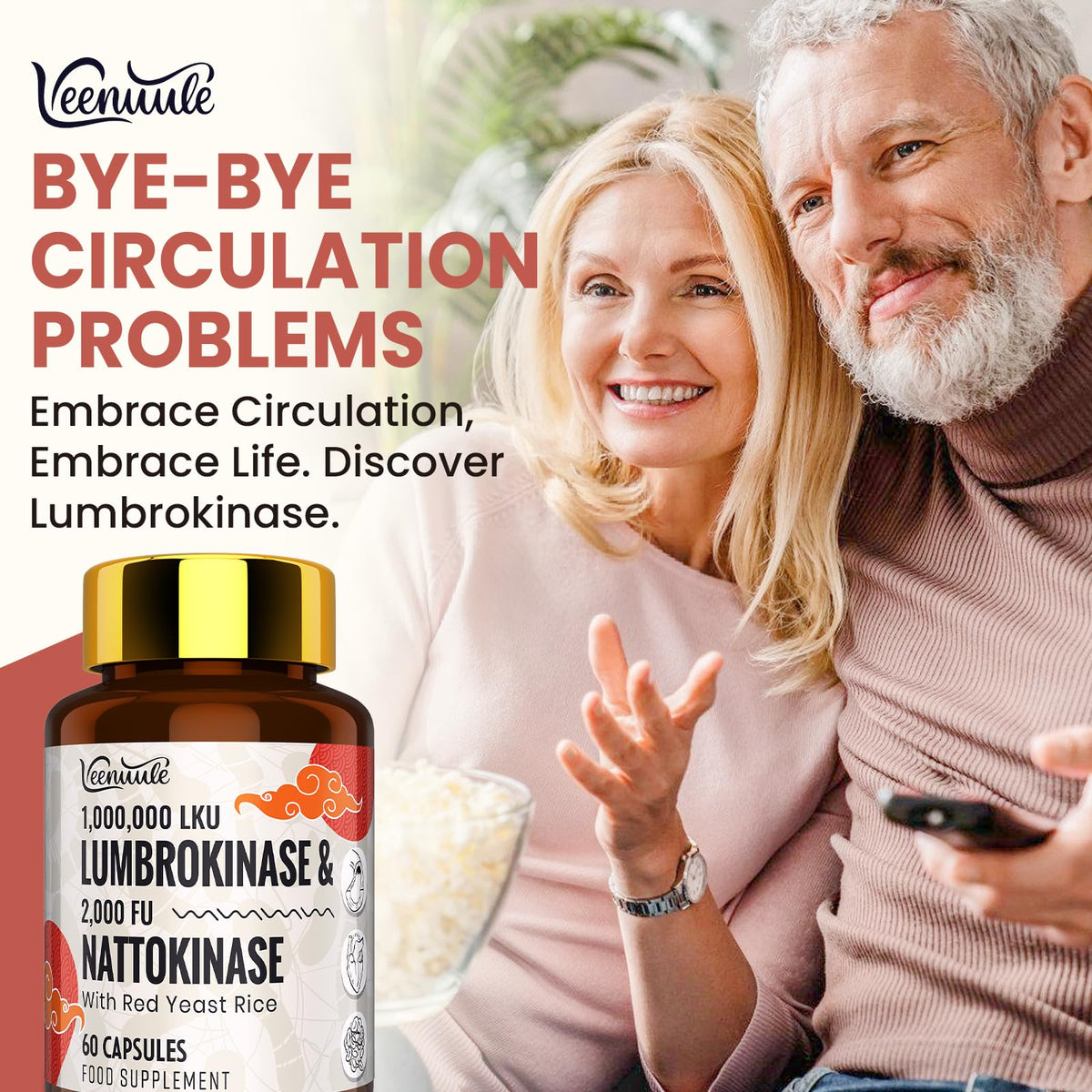 Veenuule Lumbrokinase Supplement 100mg, 60 Capsules – Dual Enzyme Formula with 1,000,000 LKU Lumbrokinase & 2000 FU Nattokinase
