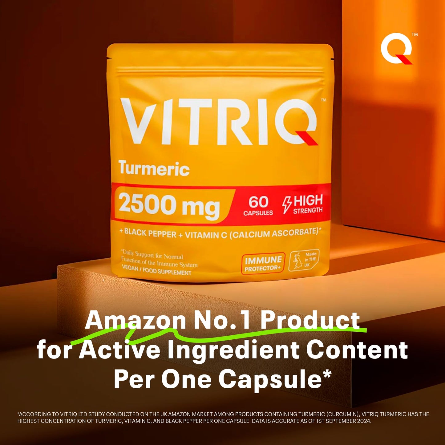 VITRIQ Turmeric 2500mg Per 1 Capsule + Black Pepper 250mg + Vitamin C 400mg, 60 Capsules - One-a-Day, High Strength Turmeric with Black Pepper Capsules, Curcrumin Immune Support Complex Made in the UK
