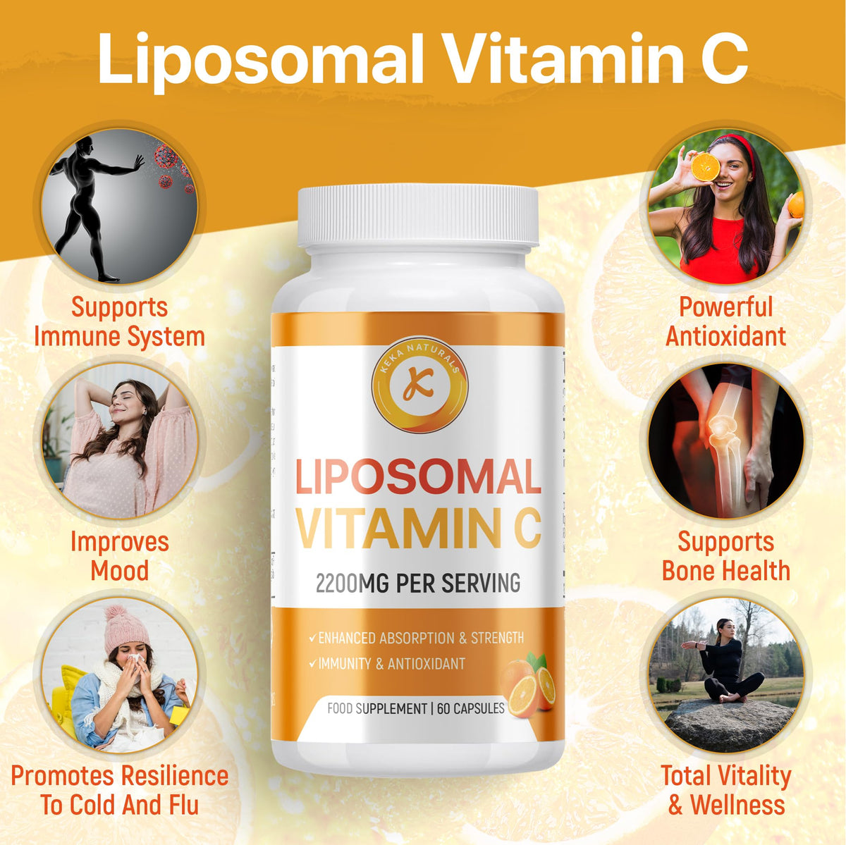 Keka Naturals Liposomal Vitamin C 2200mg, Max Absorption, High Strength, Antioxidant, No additives, Non-GMO - 60 Capsules