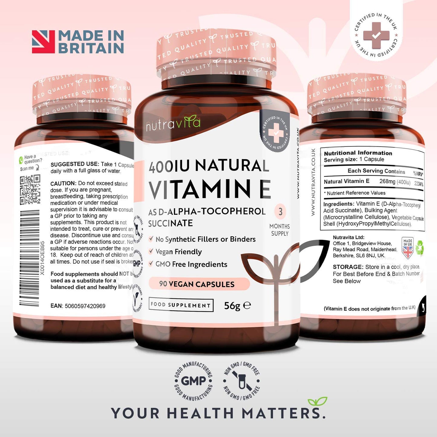 Vitamin E 400IU D-Alpha Tocopherol – 100% Natural Vitamin E – 90 Vegan Capsules – Highly Absorbable – 3 Month Supply – Protects Cells from Oxidative Stress – Made in The UK by Nutravita