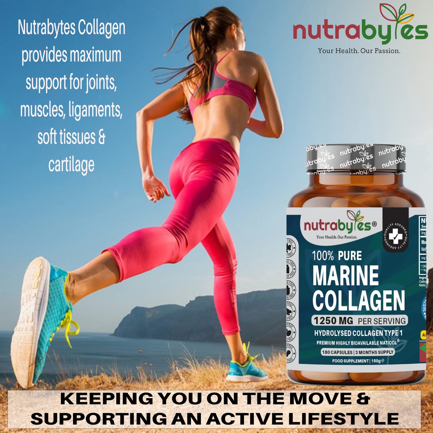 High Strength Marine Collagen Capsules - 1250mg Hydrolysed Collagen Supplement - Type 1 Hydrolysed Collagen Peptides - 180 Collagen Capsules - 3 Months Supply - Collagen Supplements for Women & Men