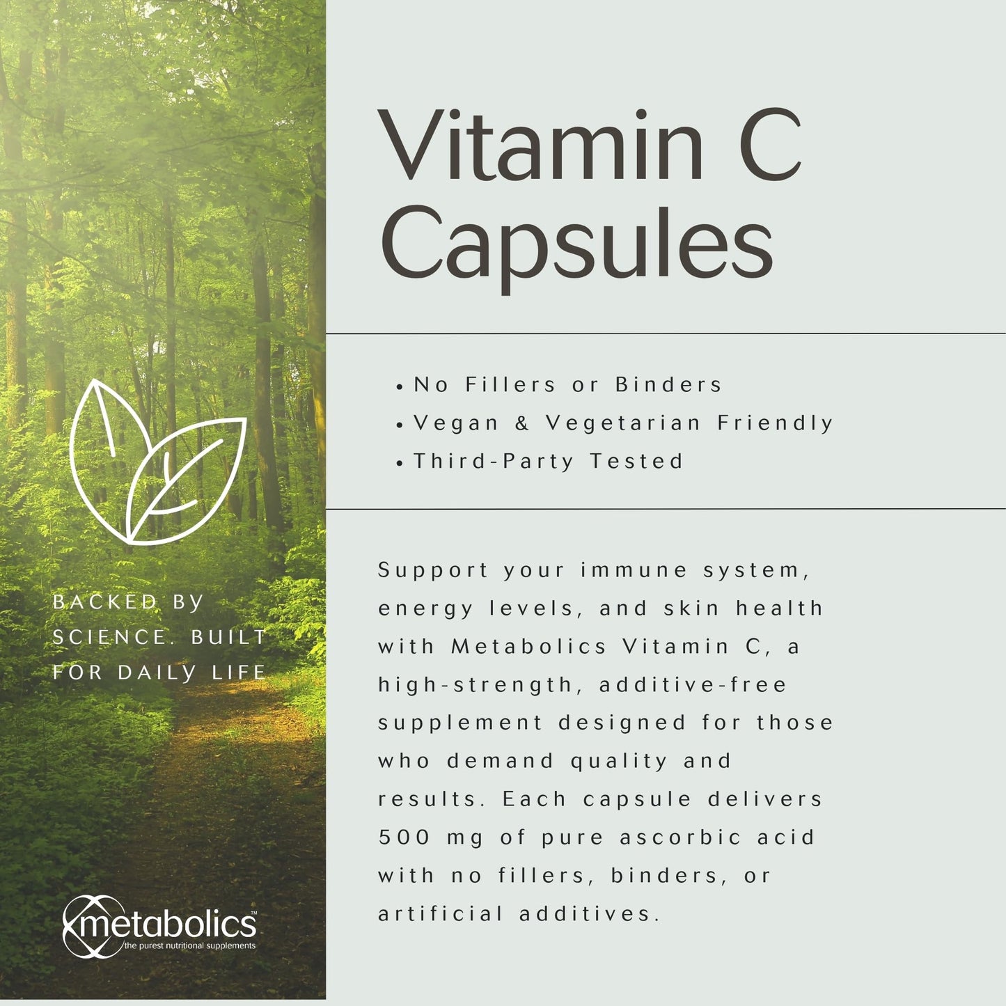 Vitamin C Capsules by Metabolics | 500mg Vitamin C Per Capsule Providing 625% NRV | Pot of 90 Capsules Suitable for Vegans & Vegetarians- No Additives or Flowing Agents