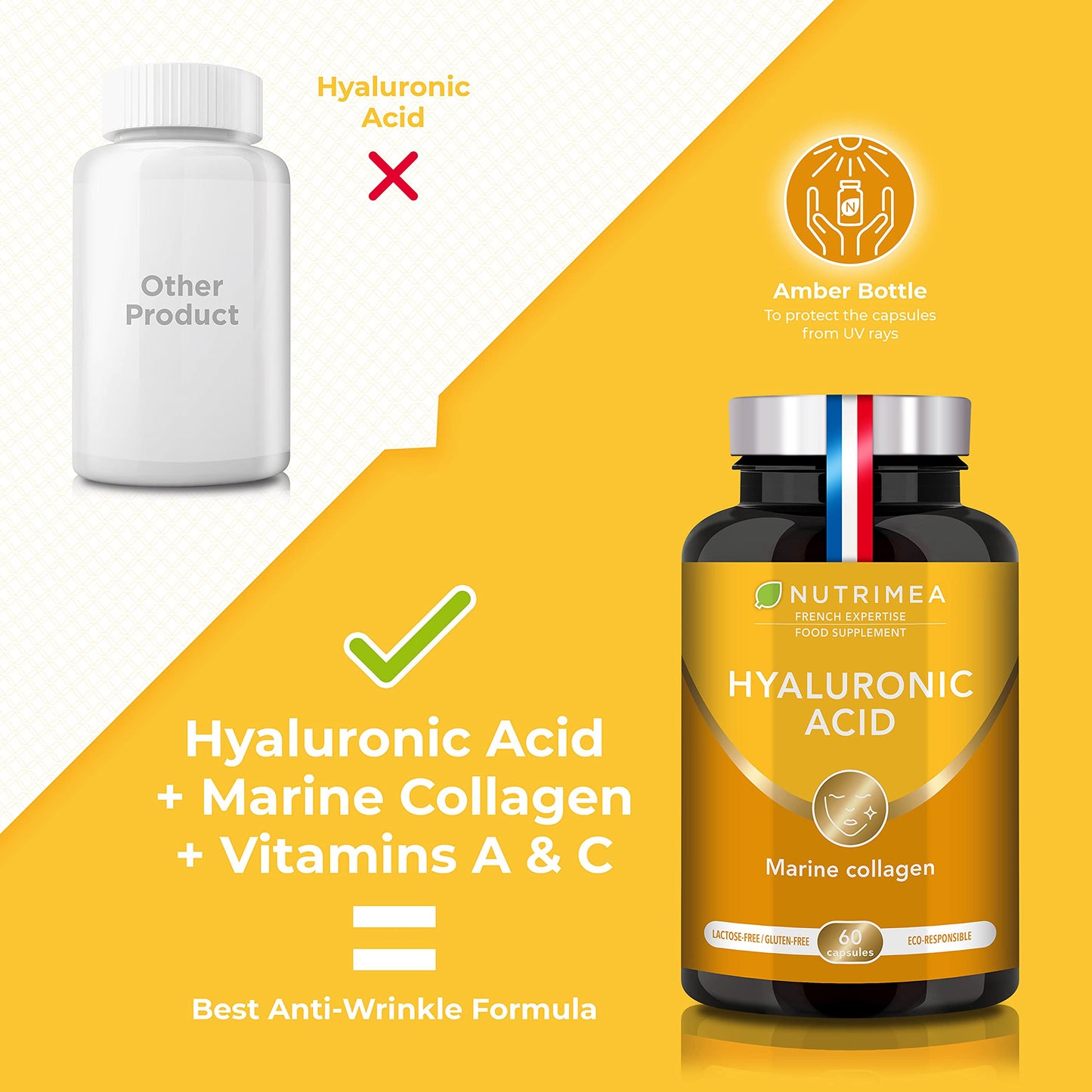 Hyaluronic Acid & Marine Collagen - Enriched with Vitamins A & C - Natural Anti-Wrinkle, Restructure Skin, Protect Joints and Anti-Aging - New Formula - Plant-Based Capsules - French Expertise