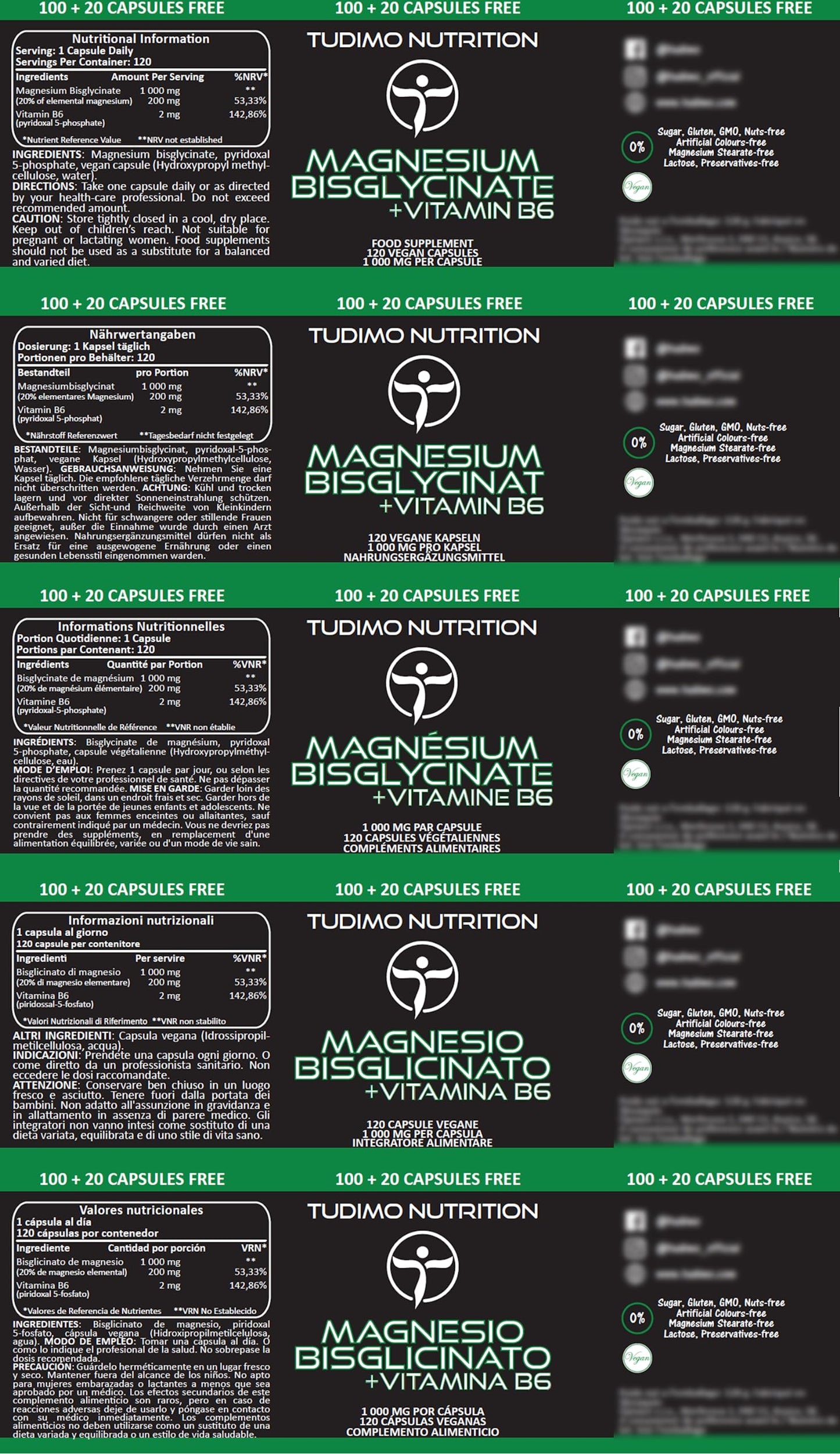 TUDIMO Magnesium Bisglycinate Vegan Capsules and Vitamin B6 – 200mg of Elemental Magnesium with Vit B6 – 120 pcs (4 Month Supply) of Rapidly Disintegrating Caps, 200 mg of Magnesium Mineral + B6 Powder