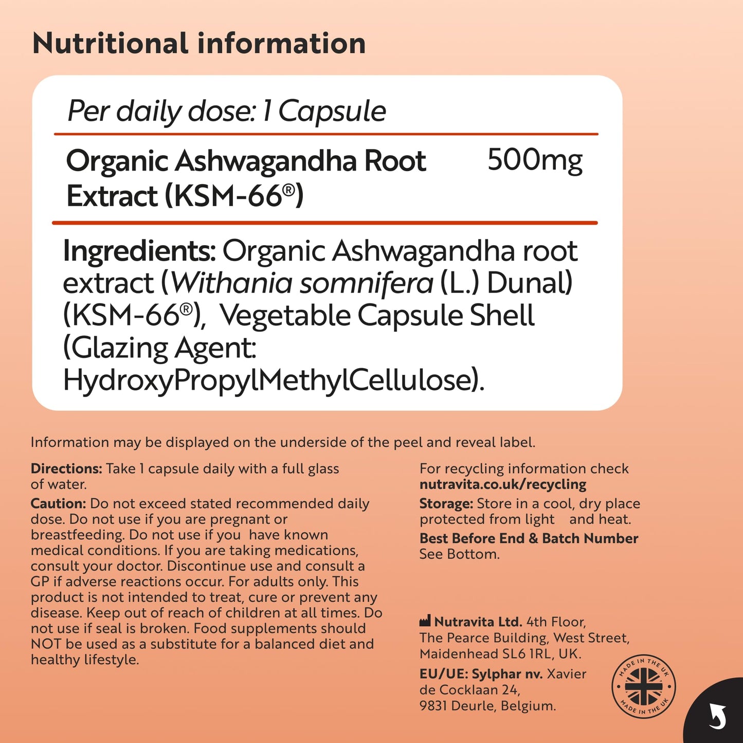 Nutravita Certified Organic Ashwagandha KSM 66® Root Extract - 60 Organic Ashwagandha High Strength Vegan Capsules - 500mg Ashwagandha KSM 66 Powder per Capsule - Herbal Supplements - Made in the UK