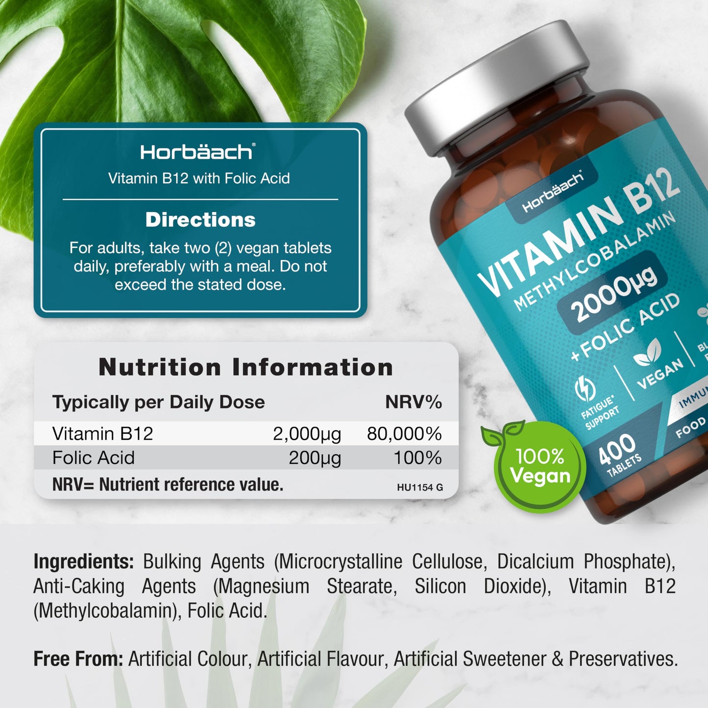 Vitamin B12 Tablets | 2000mcg | 400 Vegan Tablets | High Strength Supplement | Complex Formula with Folic Acid | by Horbaach
