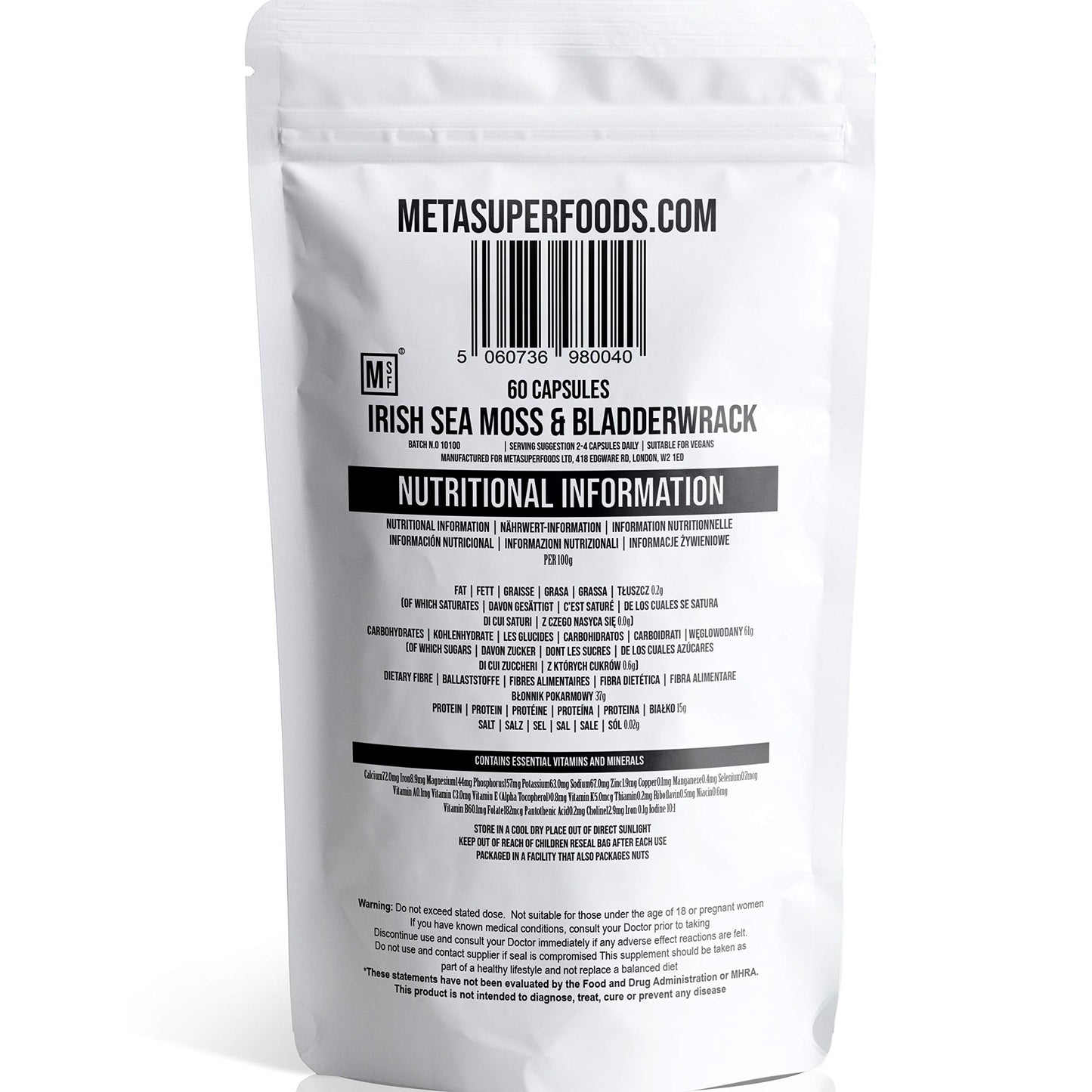MetaSuperfoods Sea Moss and Bladderwrack 60 Capsules (3600mg) High Potency | UK Made | Vegan | Non GMO | No Binders No Fillers No Additives | Dr Sebi