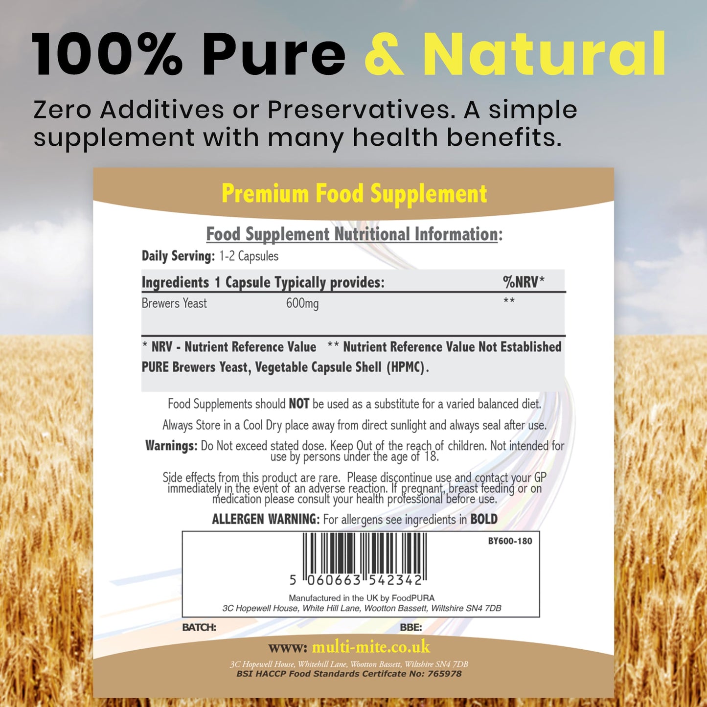 FoodPURA 90 x 600mg Brewers Yeast Capsules 100% Pure & Natural Not Debittered HACCP Certified Manufactured in The UK (90)