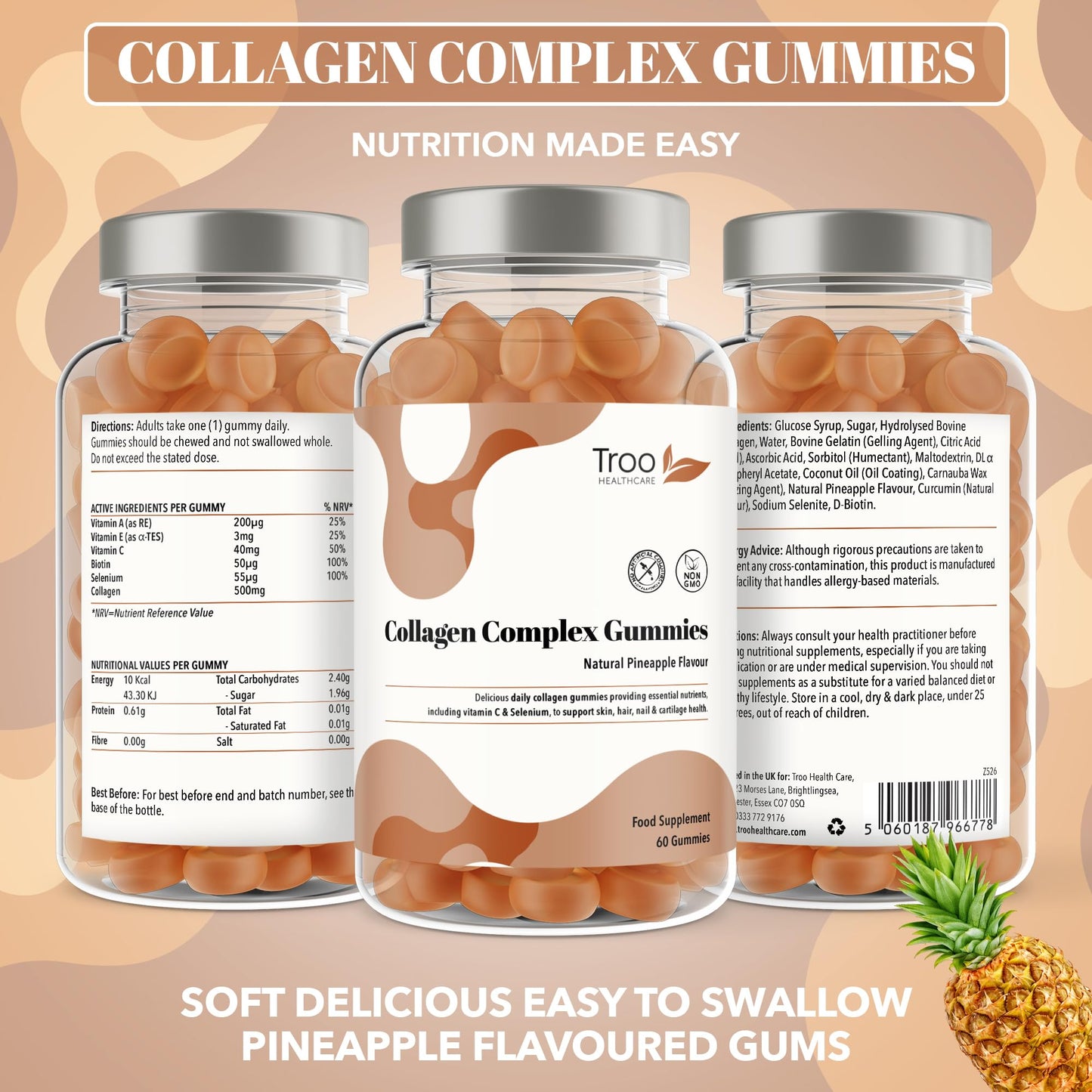 Troo Health Care Collagen Complex - 60 Natural Pineapple Flavour Chewable Gummies - One Per Day Hydrolysed Collagen with Biotin, Vitamin C and Selenium - Three Months Supply – Healthy Skin and Hair for Men and Women