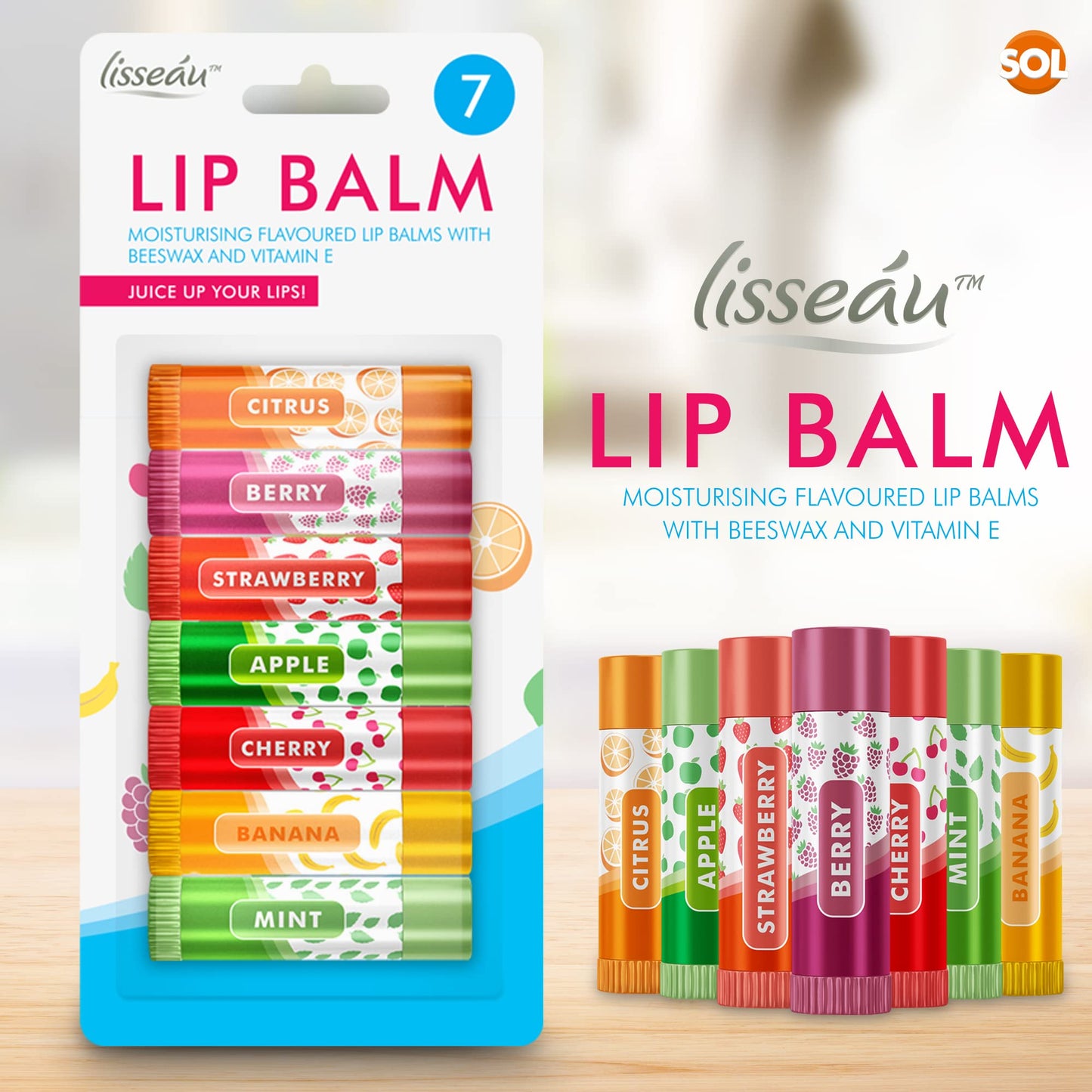 SOL 14pk Lip Balm Set | Flavoured Lip Balms with Beeswax and Vitamin E | Moisturising Lip Balm Multipack | Protect & Hydrate Beeswax Lip Balm Stick | Lip Balms | Lipbalm | Lip Moisturiser | Girls Lip Balm