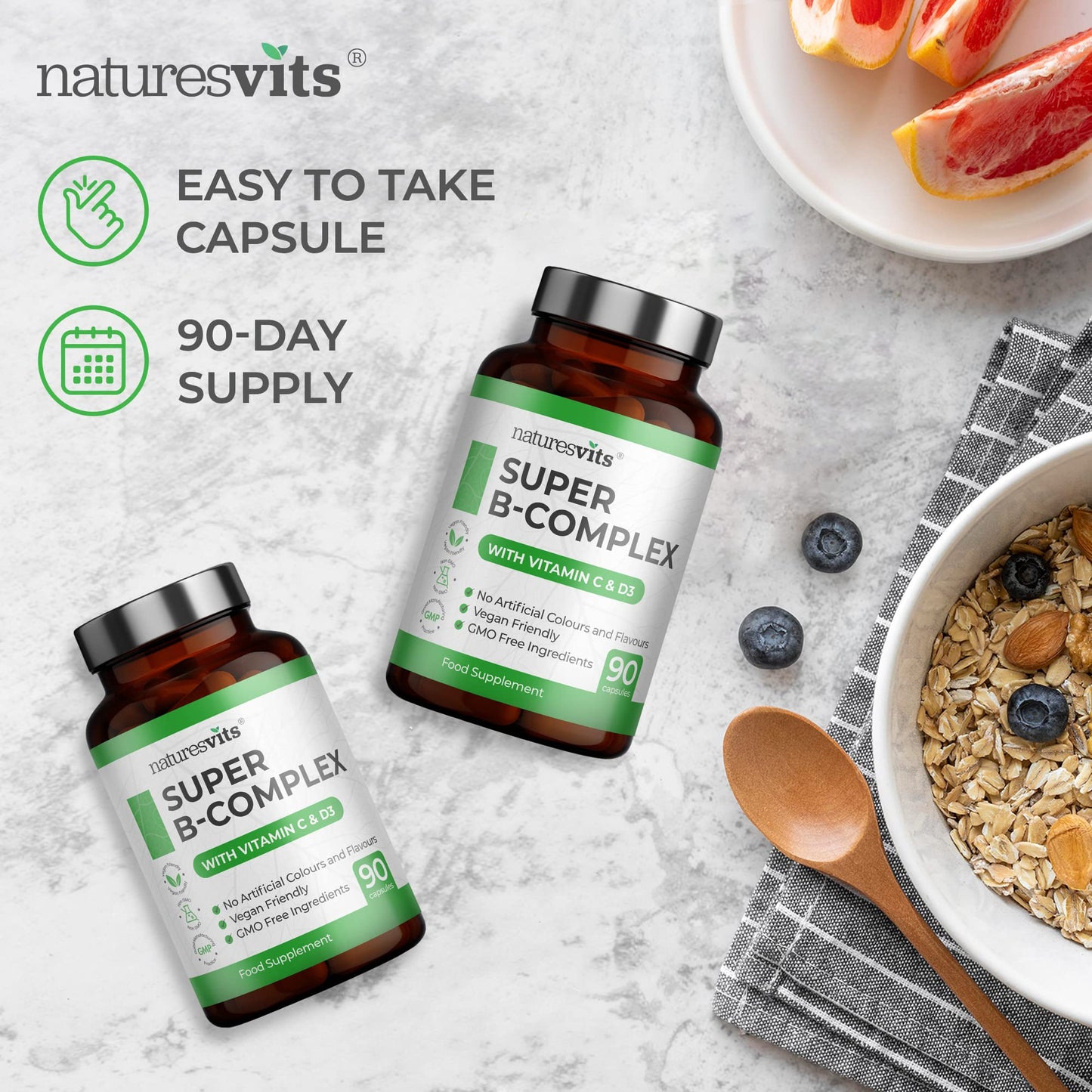 High Strength Vitamin B Complex, 90 Capsules - Contains Vitamin C and D, Folic Acid, Biotin, Thiamine, Riboflavin, Niacin, Pantothenic Acid and More - Supplements for Fatigue