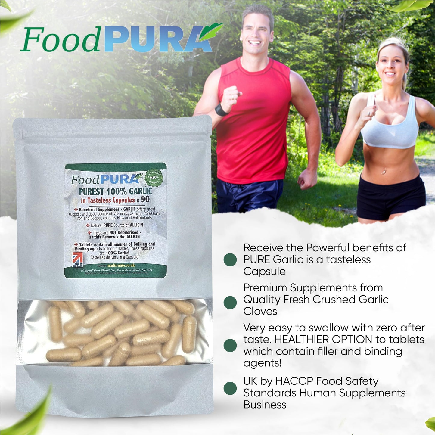 FoodPURA Pure Garlic Capsules Recommended Daily Strength 1000mg HACCP Certified, Manufactured in The UK by FoodPURA 1 Pack of 90 Capsules