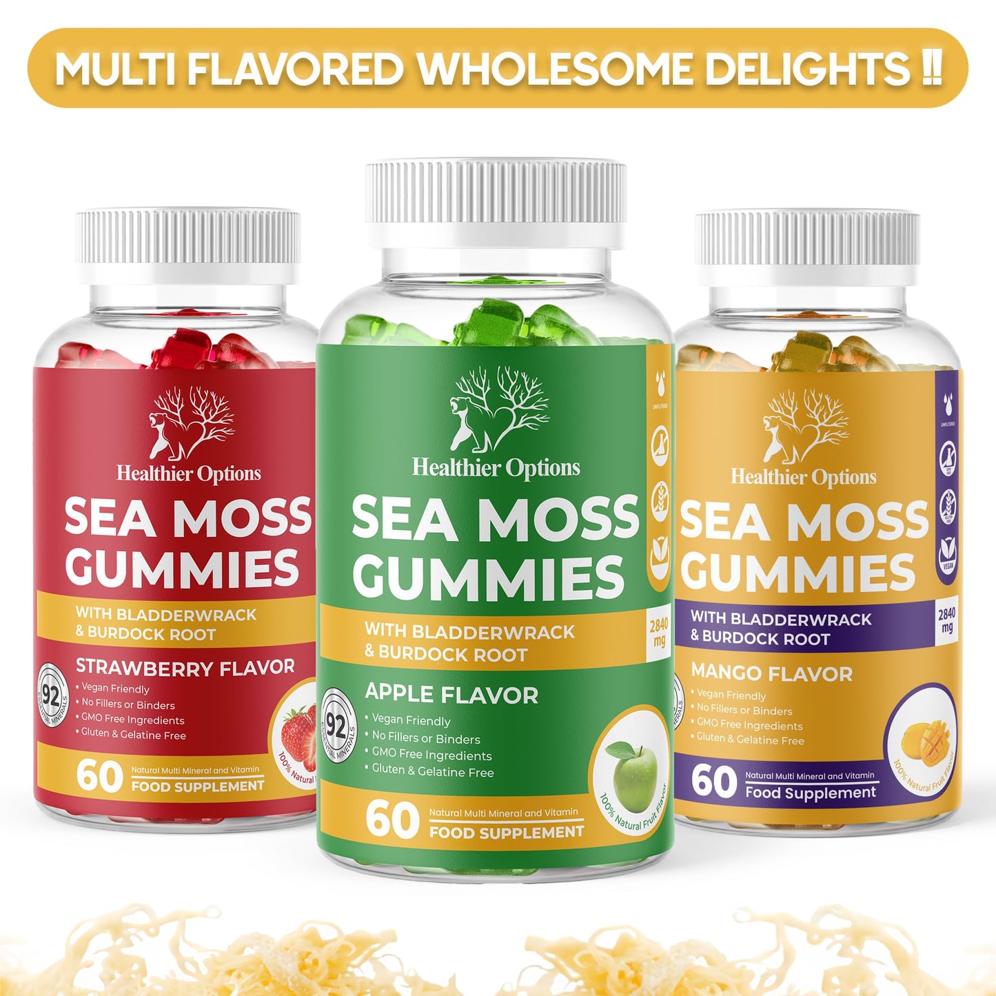 Healthier Options Irish Sea Moss Gummies with Bladderwrack & Burdock Root 5680 Mg | 60 Gummies | Apple Flavour | Vitamins & Minerals | Organic, Natural, Vegan, Gluten Free, Non GMO, High Strength
