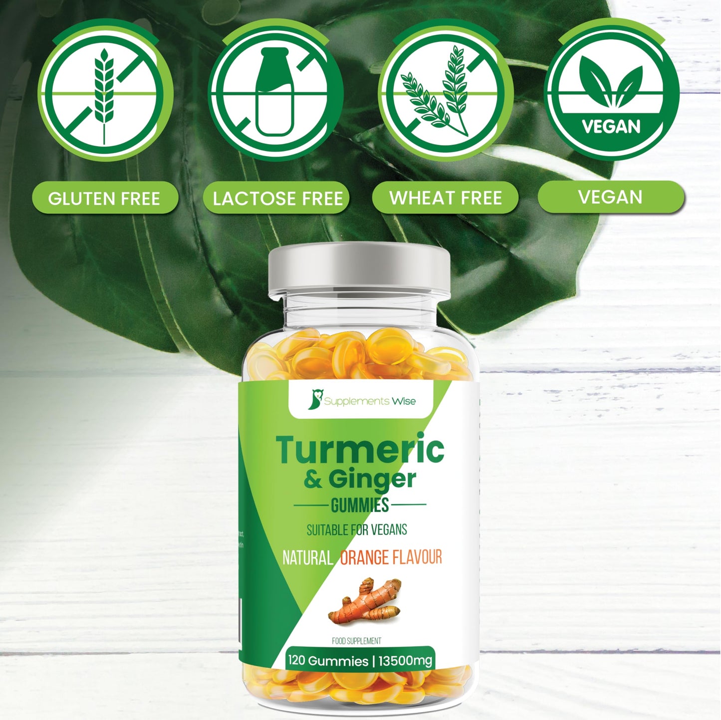 Turmeric Gummies - 120 Pack - 13500mg Per Serving - Fortified with Ginger - High Strength Turmeric Curcumin Supplement - Natural Orange Flavour - for Joint Pain - Chewable Herbal Vegan Turmeric Gummy