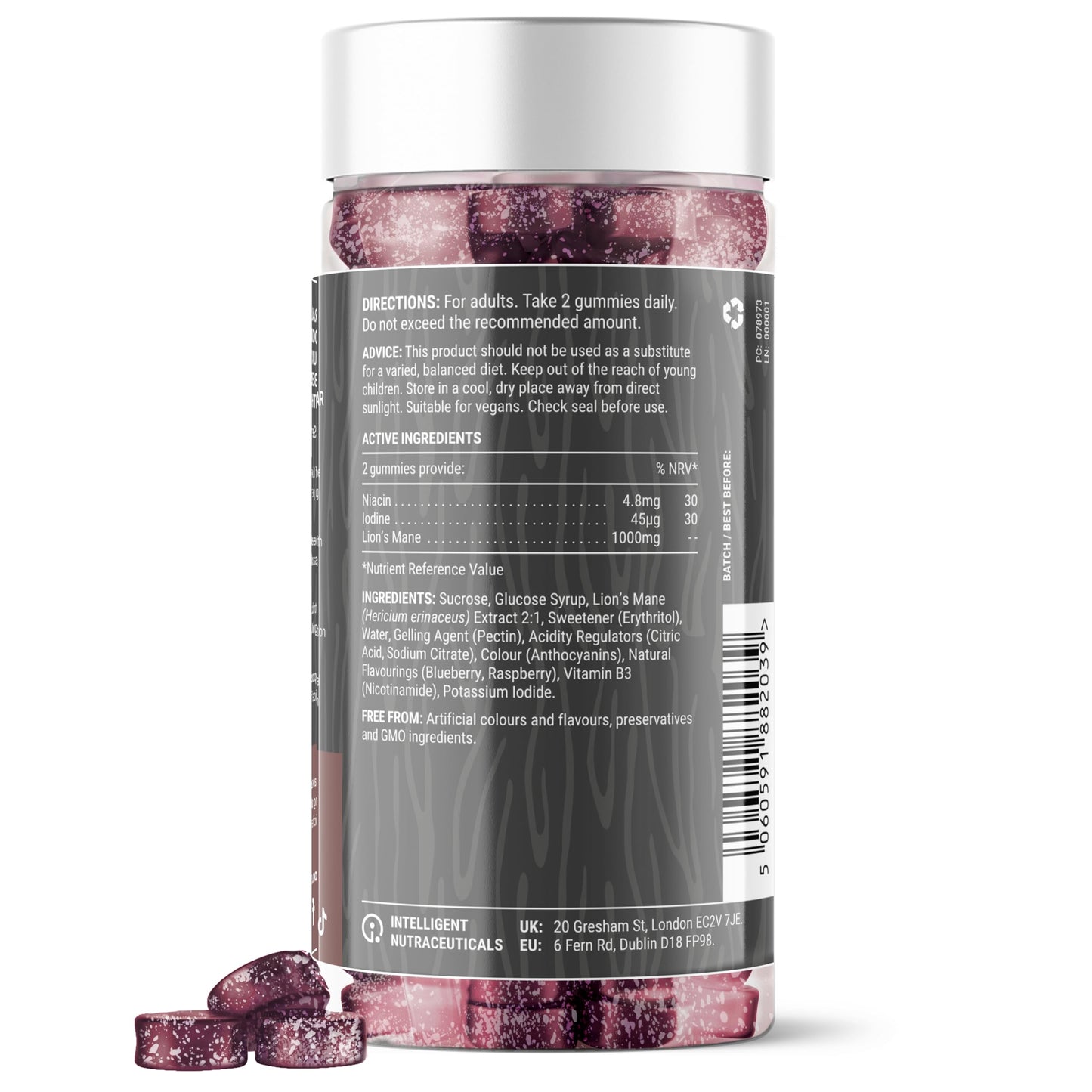 Lion’s Mane 1,000mg Mushroom Gummies + Iodine & Niacin | Nootropic Support for Cognition, Mood, Immunity & Inflammation | Delicious Blueberry Flavour | 60 Two-a-Day Vegan Gummies (One Month’s Supply)